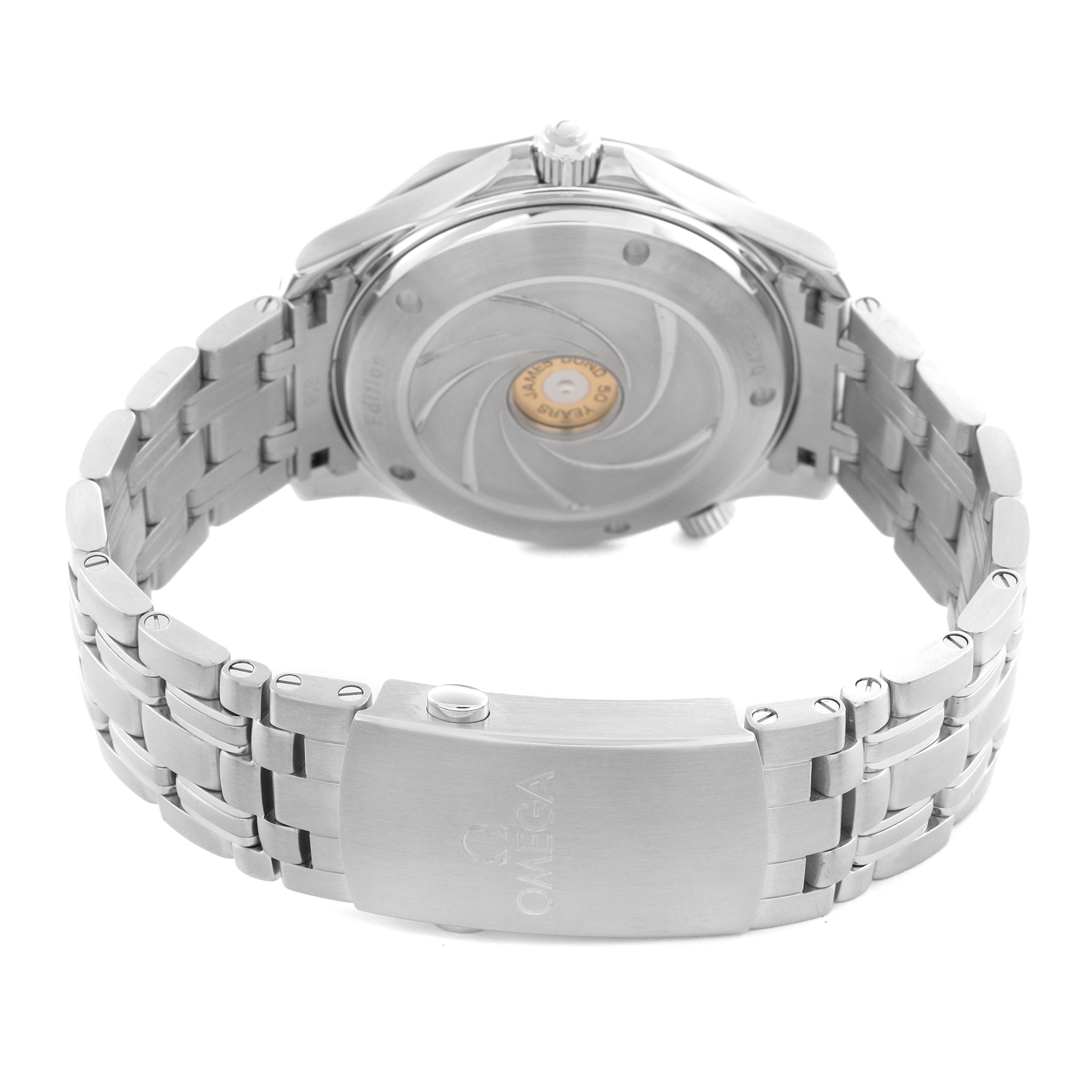 The Omega Seamaster 212.30.41.20.01.005 Men's Stainless Steel Black Dial 212.30.41.20.01.005 Men's Stainless Steel Black Dial watch is shown from the rear, highlighting the case back and metal bracelet clasp.