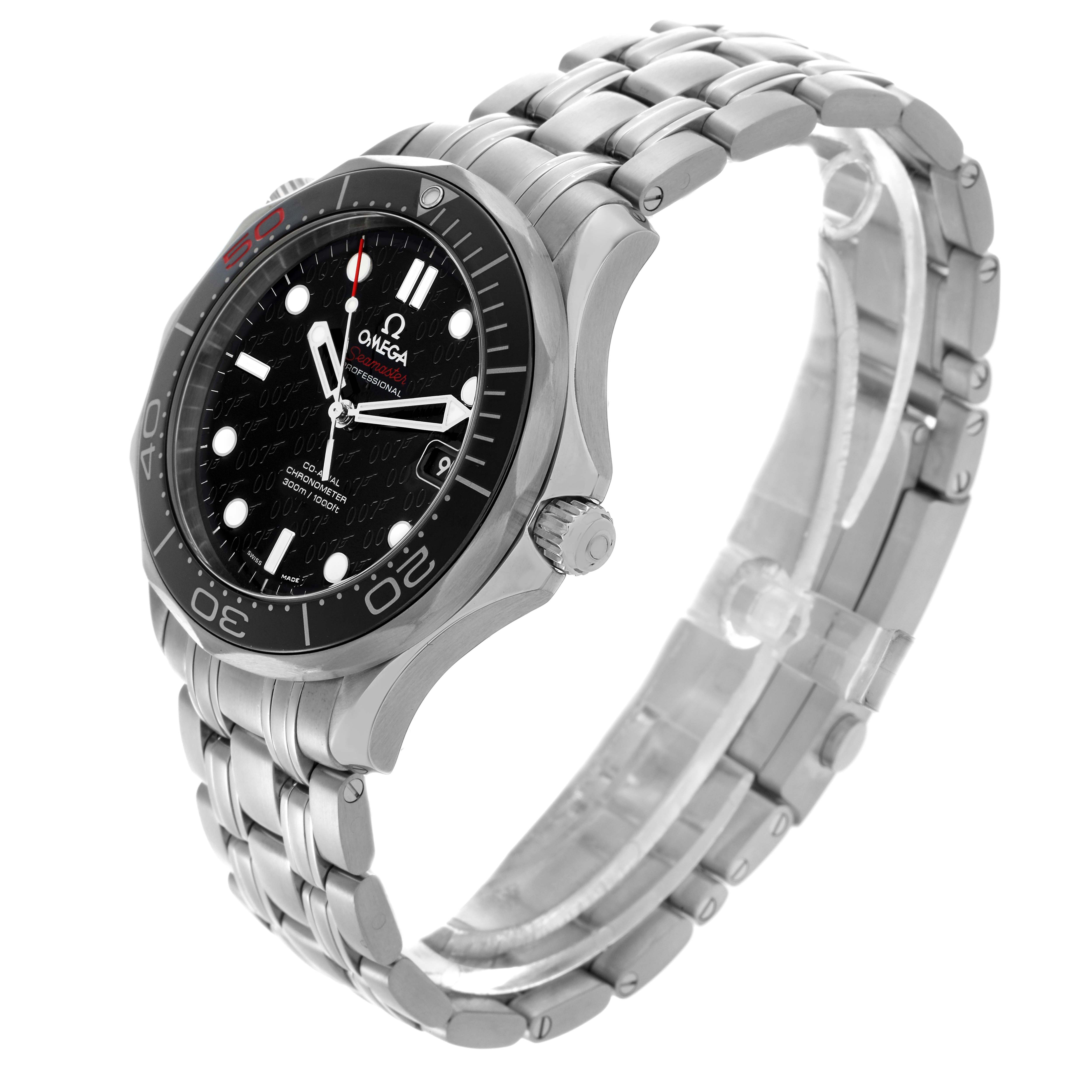 The Omega Seamaster 212.30.41.20.01.005 Men's Stainless Steel Black Dial 212.30.41.20.01.005 Men's Stainless Steel Black Dial watch is shown at a three-quarter angle, highlighting the black dial, bezel, and stainless steel bracelet.