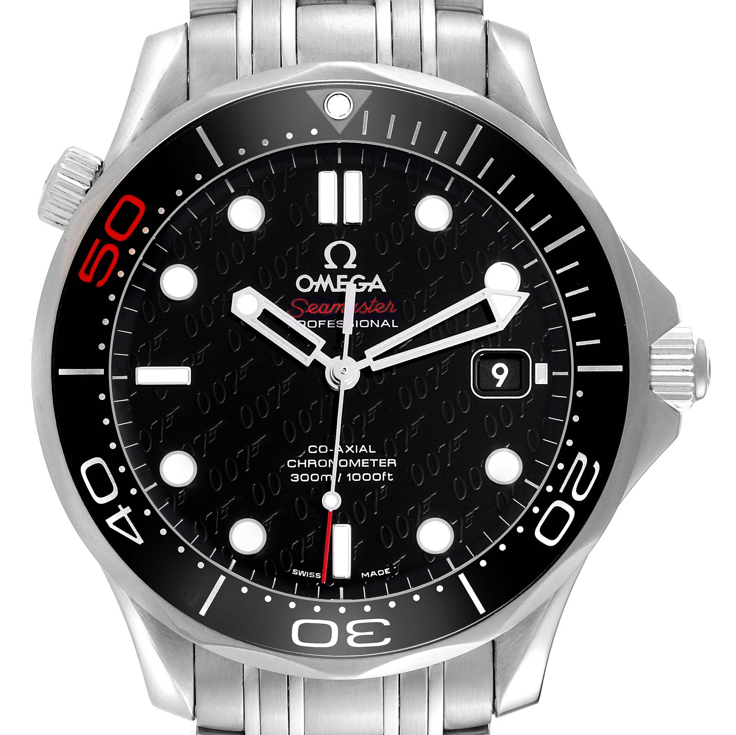The Omega Seamaster 212.30.41.20.01.005 Men's Stainless Steel Black Dial 212.30.41.20.01.005 Men's Stainless Steel Black Dial watch is shown from a front angle, highlighting the dial, bezel, and stainless steel bracelet.