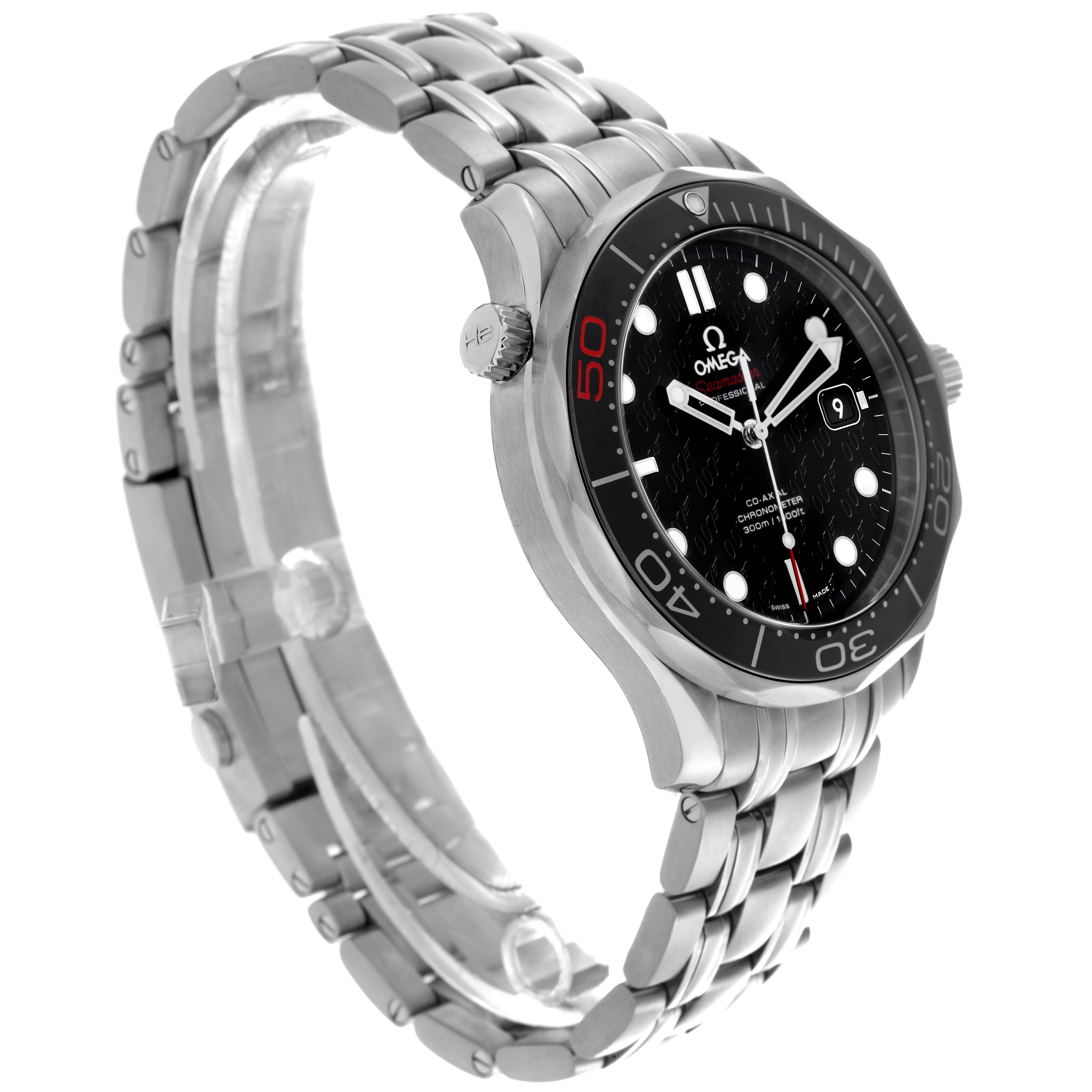 The Omega Seamaster 212.30.41.20.01.005 Men's Stainless Steel Black Dial 212.30.41.20.01.005 Men's Stainless Steel Black Dial watch is shown at an angled side view, highlighting its dial, bezel, crown, and metal bracelet.