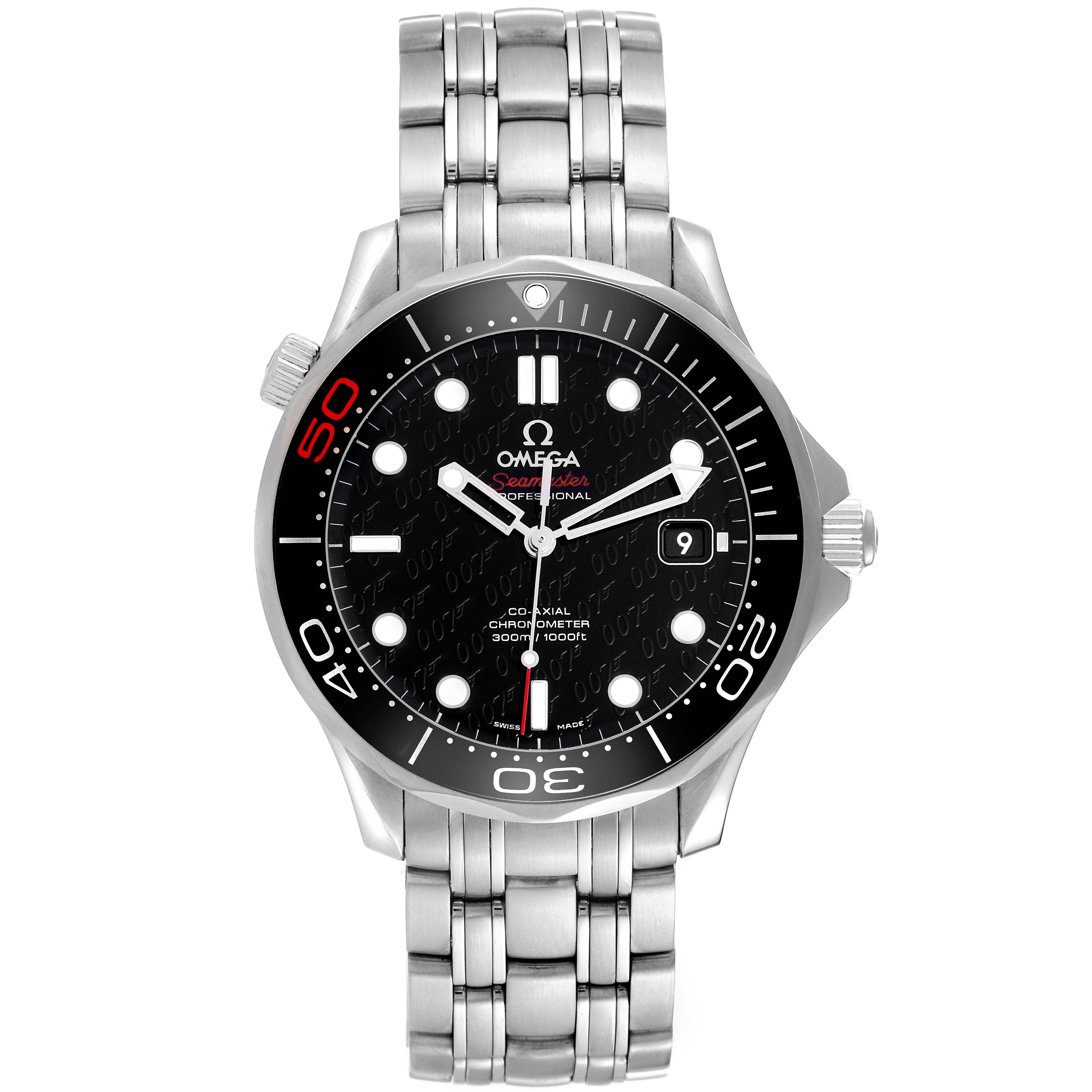 The Omega Seamaster 212.30.41.20.01.005 Men's Stainless Steel Black Dial 212.30.41.20.01.005 Men's Stainless Steel Black Dial watch is shown from a front angle, with its bezel, dial, hands, and stainless steel bracelet visible.