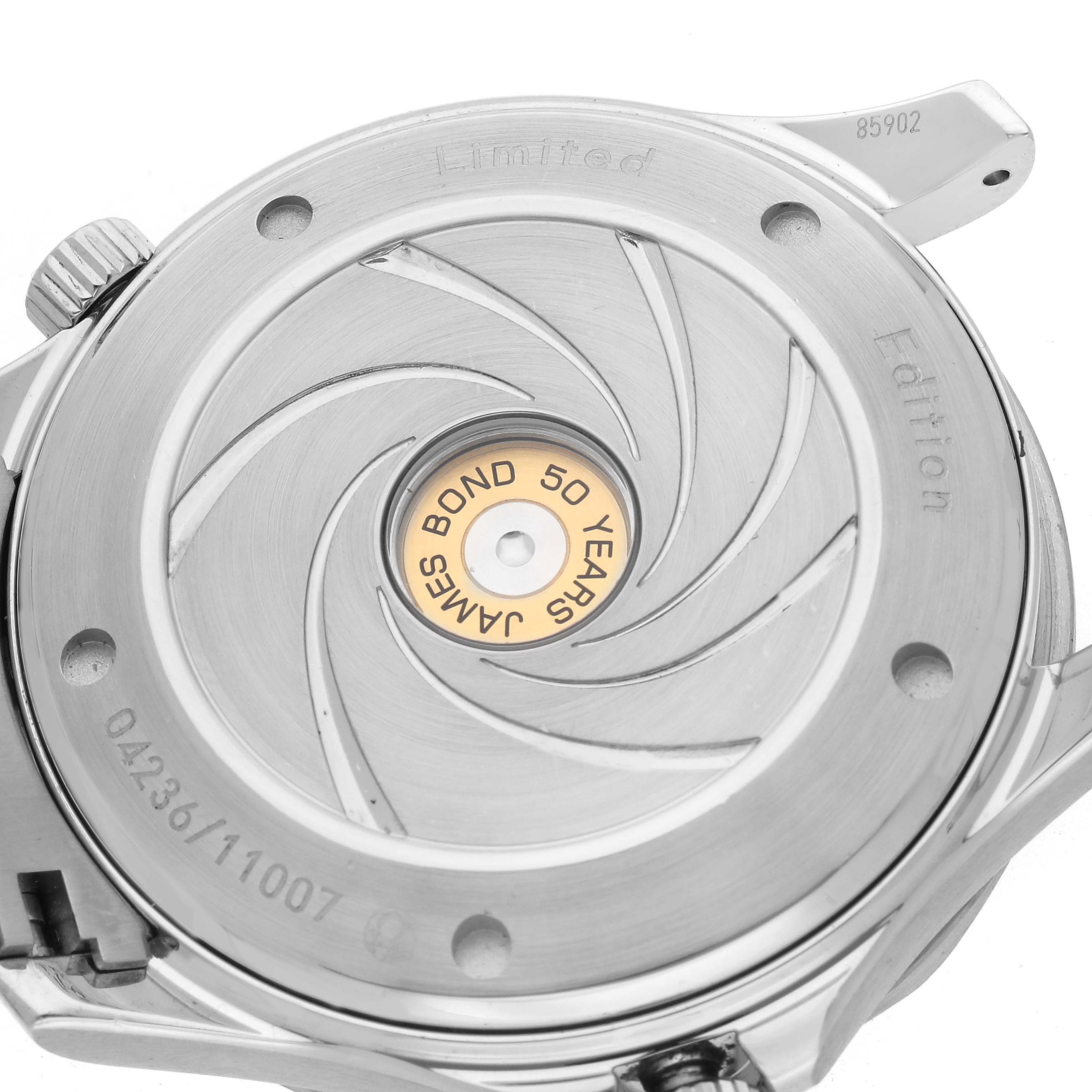 The image shows the case back of an Omega Seamaster 212.30.41.20.01.005 Men's Stainless Steel Black Dial 212.30.41.20.01.005 Men's Stainless Steel Black Dial, highlighting the Limited Edition "James Bond 50 Years" engraving.