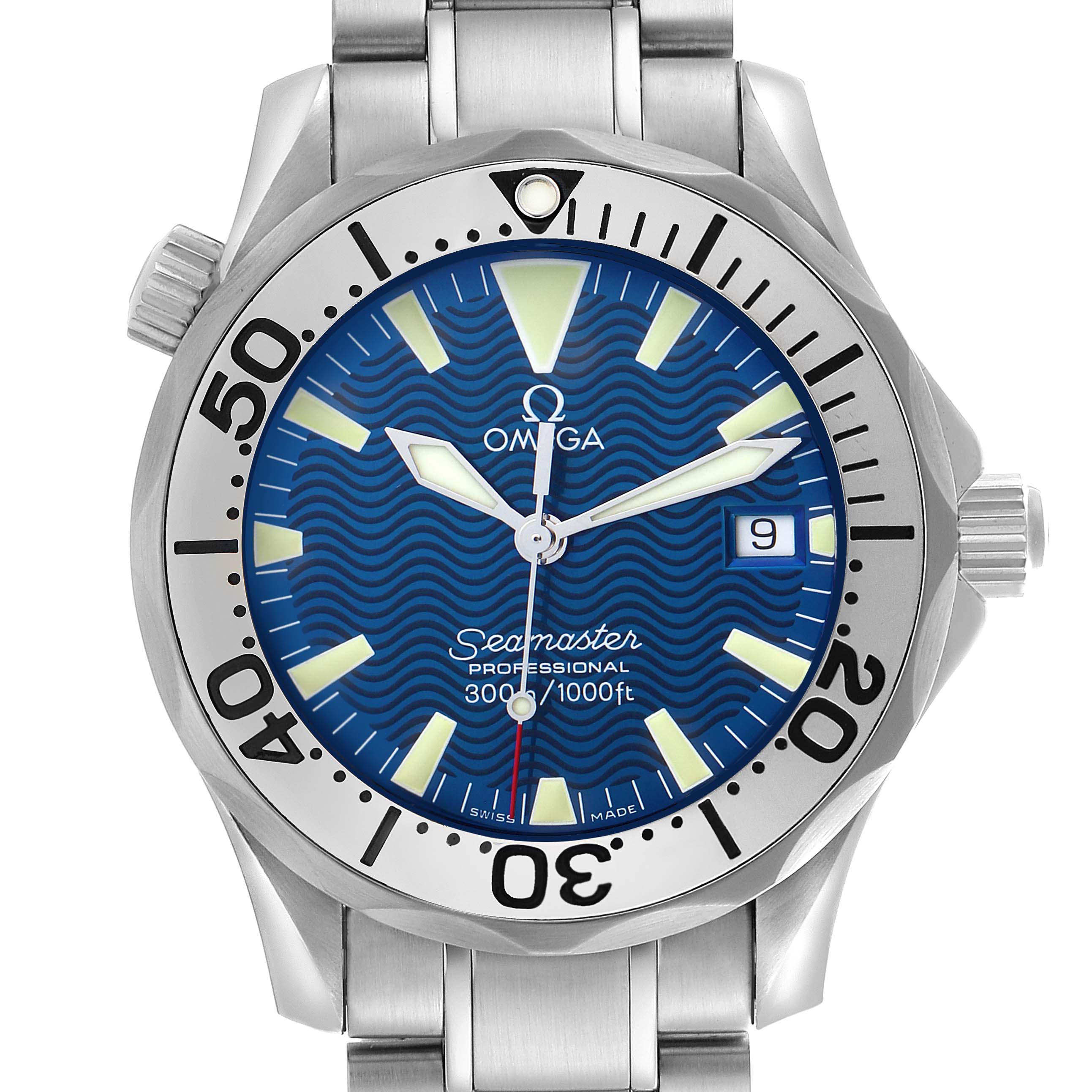 The Omega Seamaster 2263.80.00 Men's Stainless Steel Blue Dial 2263.80.00 Men's Stainless Steel Blue Dial watch is shown from the front, highlighting the dial, bezel, and bracelet with visible date window.