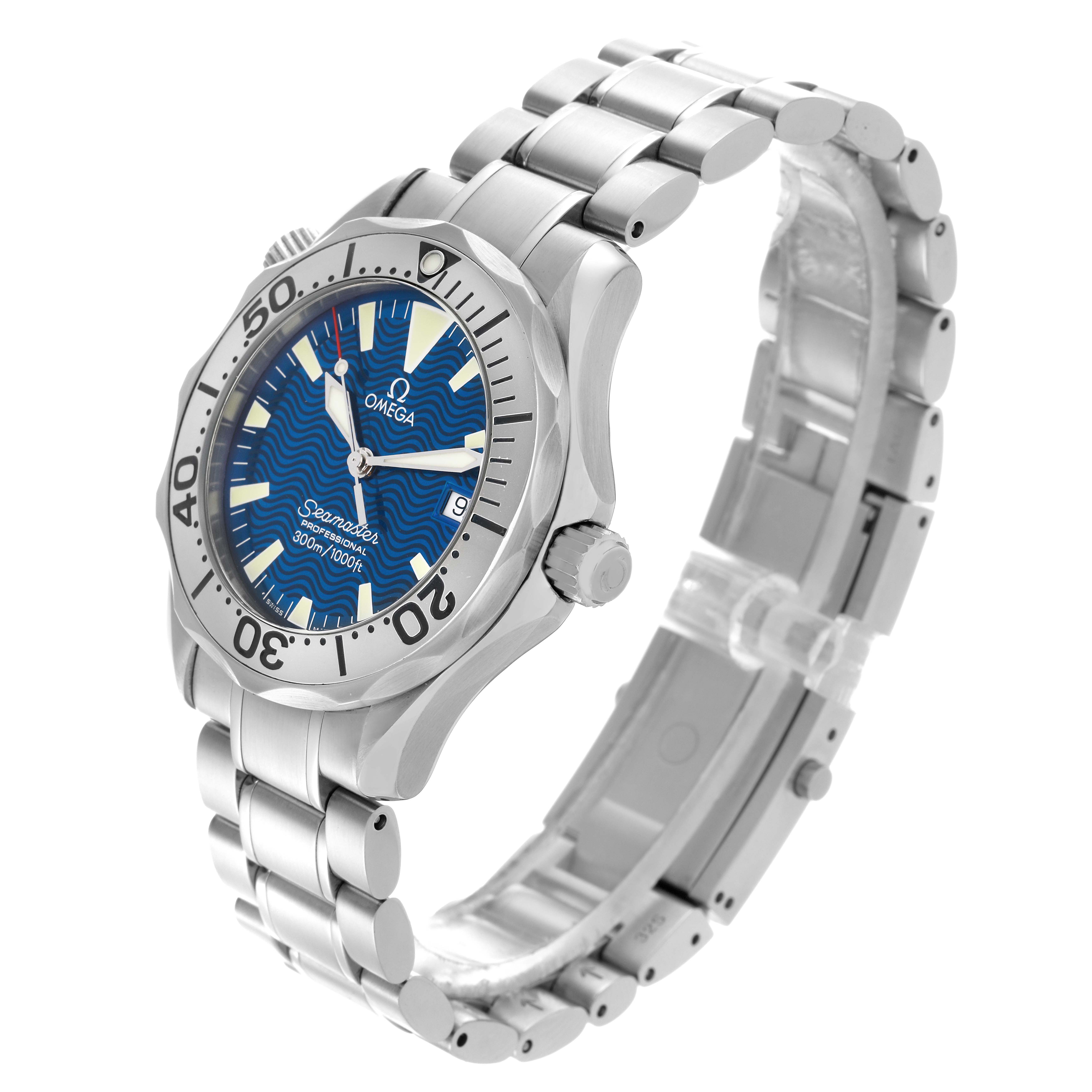 The Omega Seamaster 2263.80.00 Men's Stainless Steel Blue Dial 2263.80.00 Men's Stainless Steel Blue Dial watch is shown at an oblique angle, highlighting the bezel, dial, crown, and bracelet.