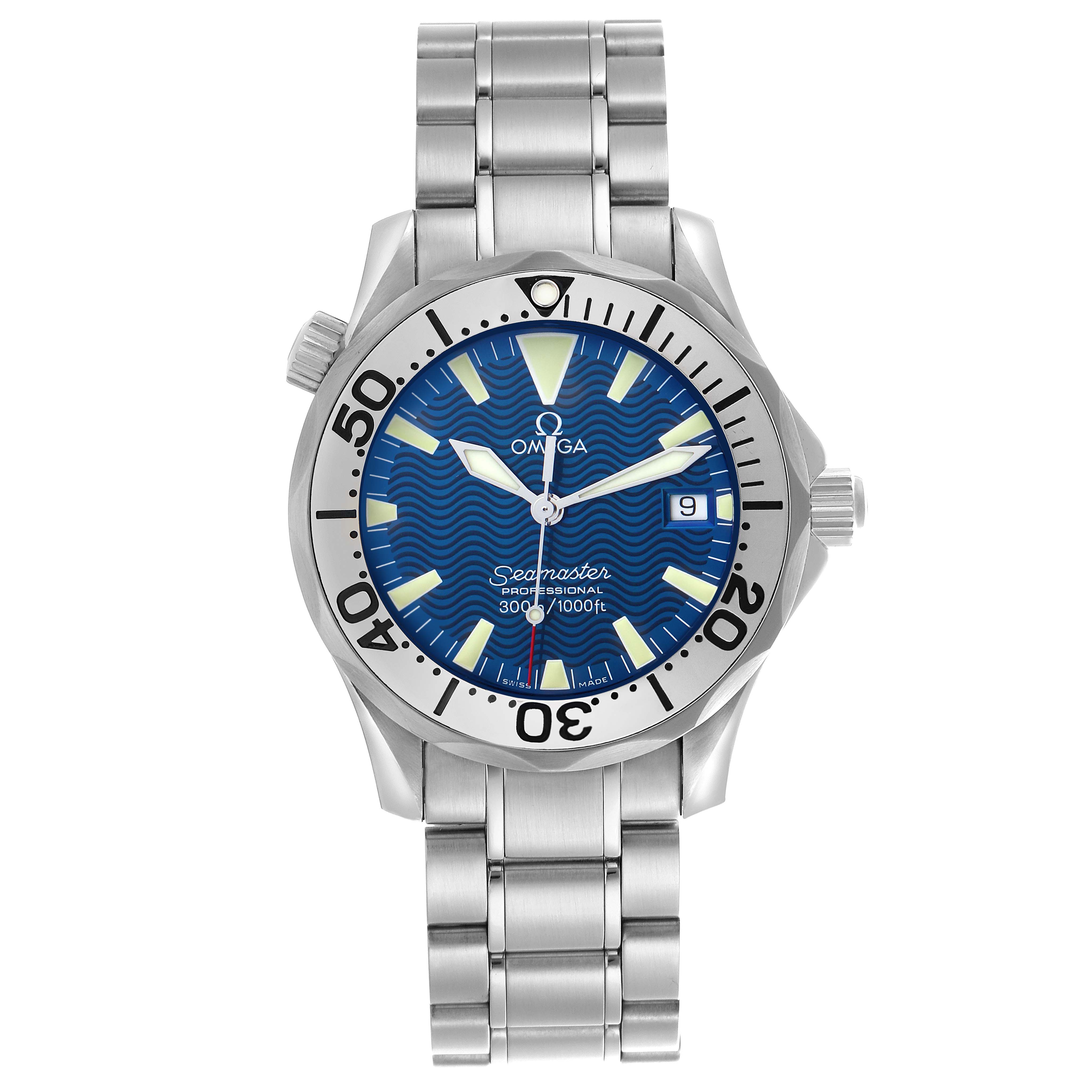 The Omega Seamaster 2263.80.00 Men's Stainless Steel Blue Dial 2263.80.00 Men's Stainless Steel Blue Dial watch is shown from a top-down angle, displaying the face, bezel, and bracelet.
