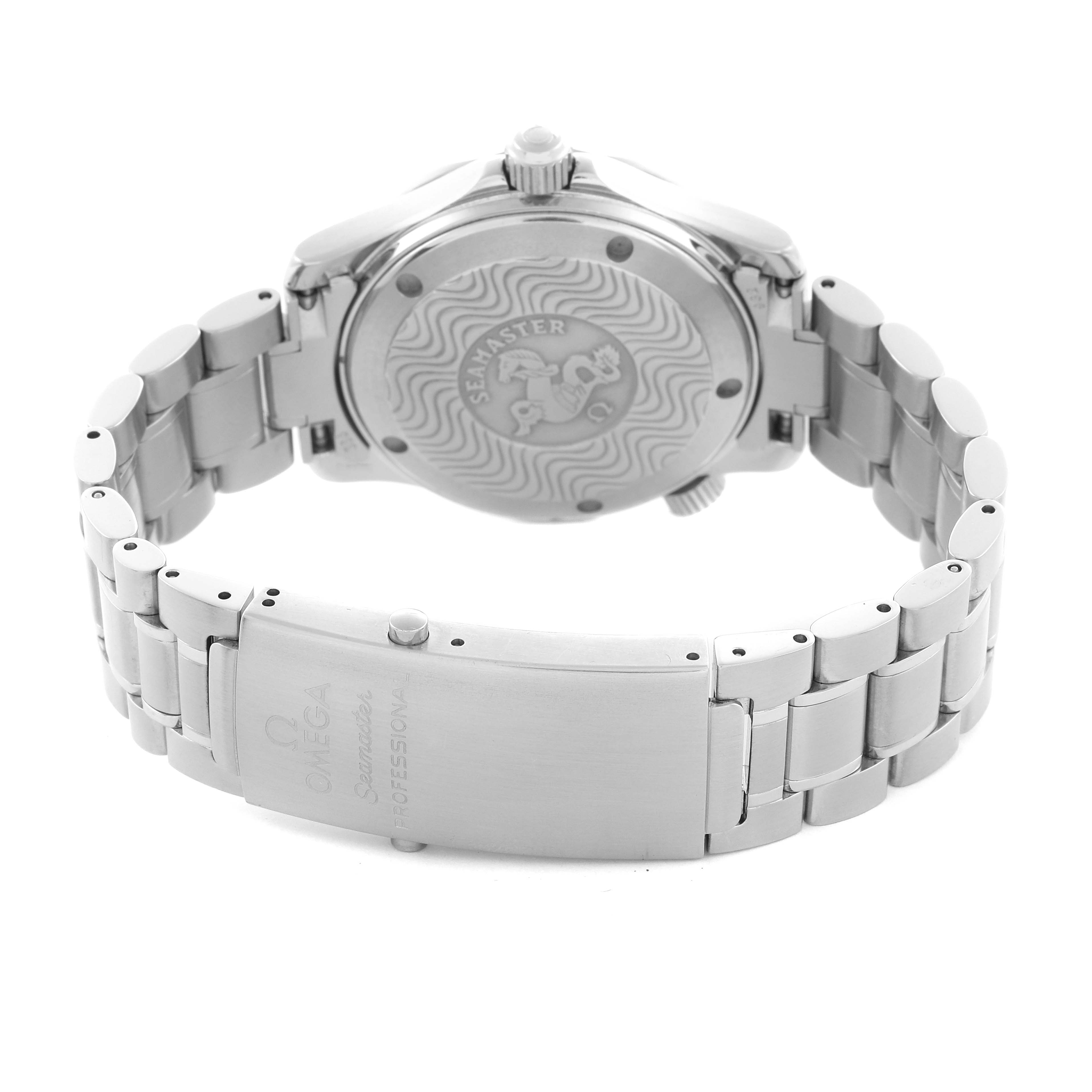 The Omega Seamaster 2263.80.00 Men's Stainless Steel Blue Dial 2263.80.00 Men's Stainless Steel Blue Dial watch is shown from the back, highlighting the case back and bracelet clasp.
