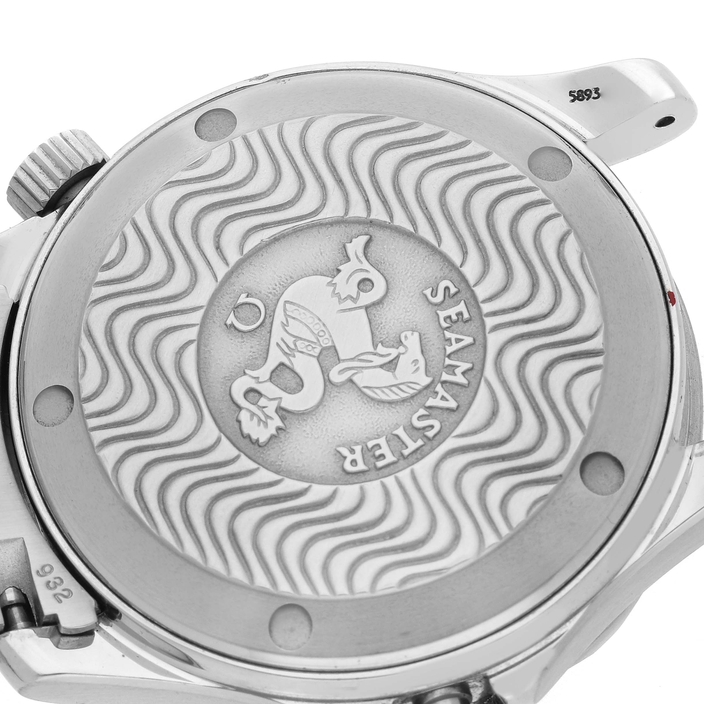 The image shows the back of an Omega Seamaster 2263.80.00 Men's Stainless Steel Blue Dial 2263.80.00 Men's Stainless Steel Blue Dial watch with its engraved case back design.