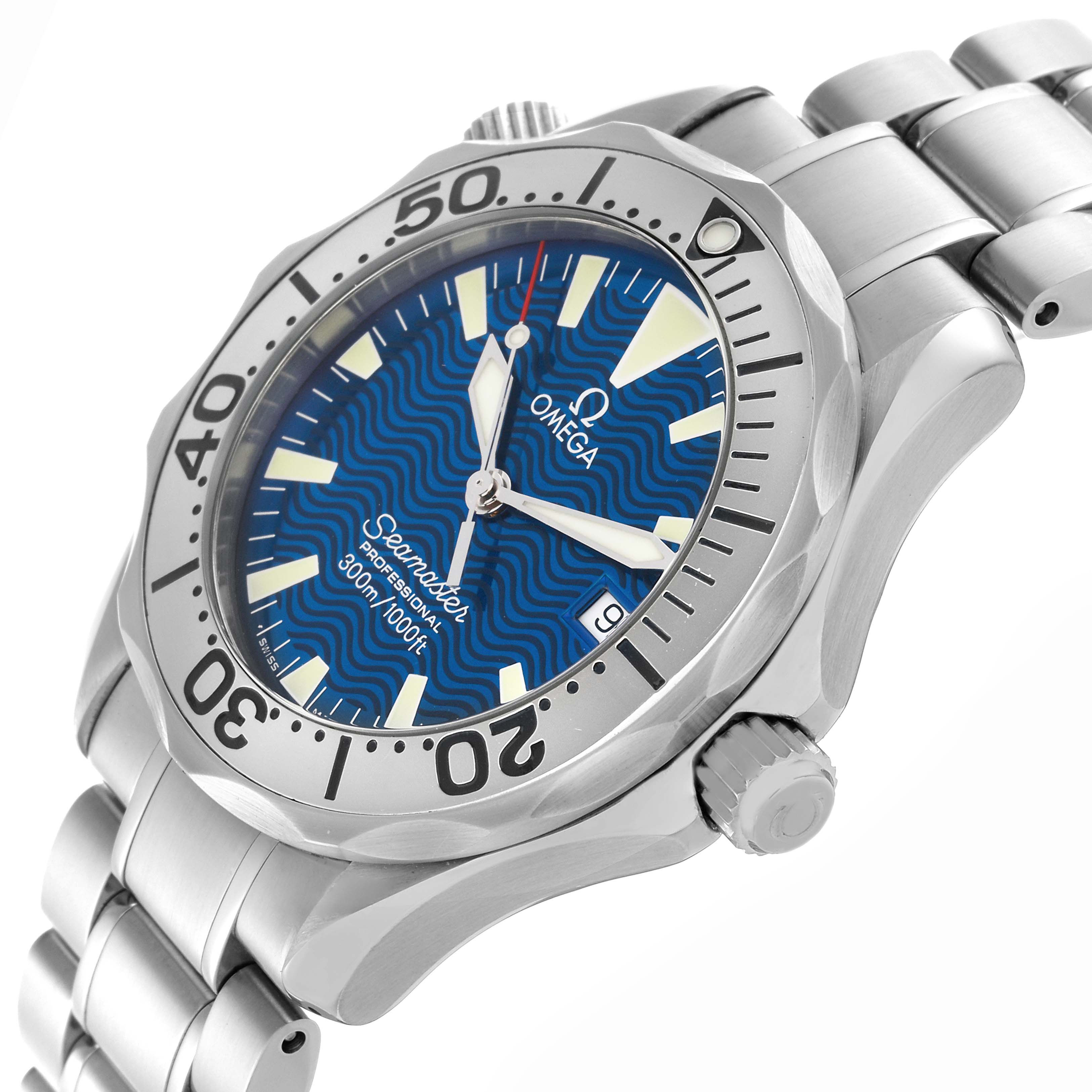 The Omega Seamaster 2263.80.00 Men's Stainless Steel Blue Dial 2263.80.00 Men's Stainless Steel Blue Dial watch is shown from a side angle, highlighting the bezel, crown, and bracelet.