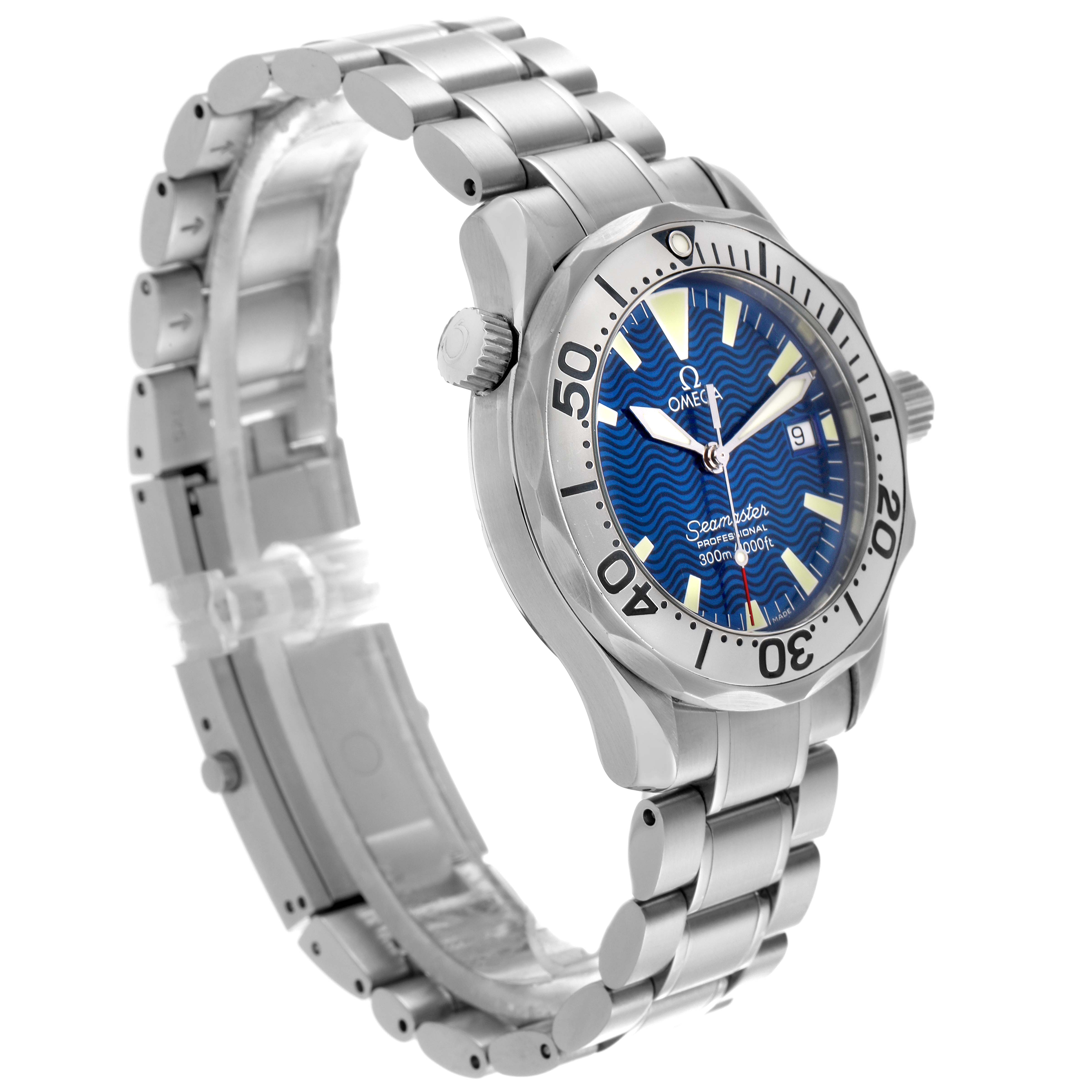The Omega Seamaster 2263.80.00 Men's Stainless Steel Blue Dial 2263.80.00 Men's Stainless Steel Blue Dial watch is shown at a three-quarter angle, highlighting its face, bezel, crown, and bracelet.