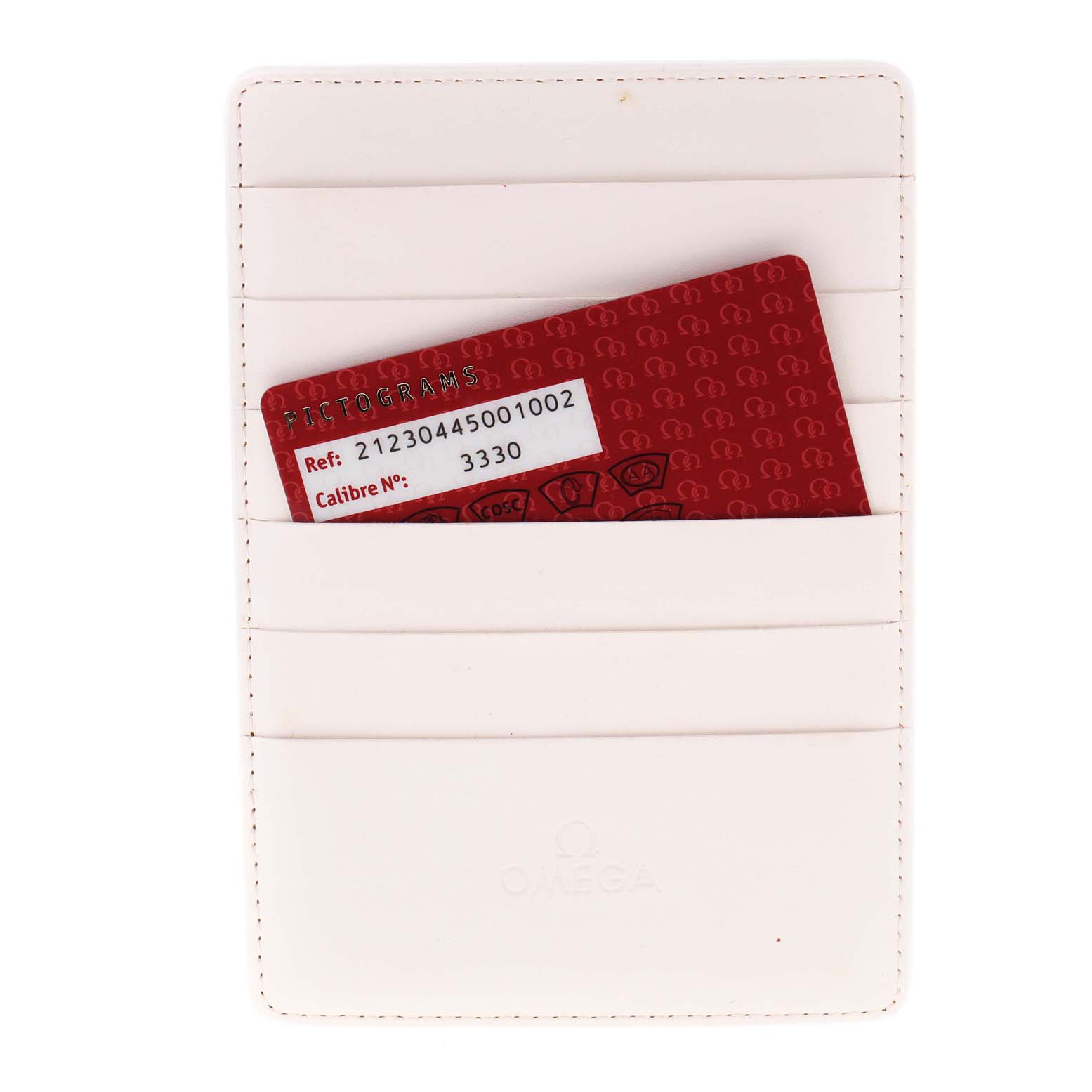 The image shows a red Omega Seamaster 212.30.44.50.01.002 Men's Stainless Steel Black Dial 212.30.44.50.01.002 Men's Stainless Steel Black Dial card with reference and caliber numbers inside a white cardholder, viewed from a top-down angle.