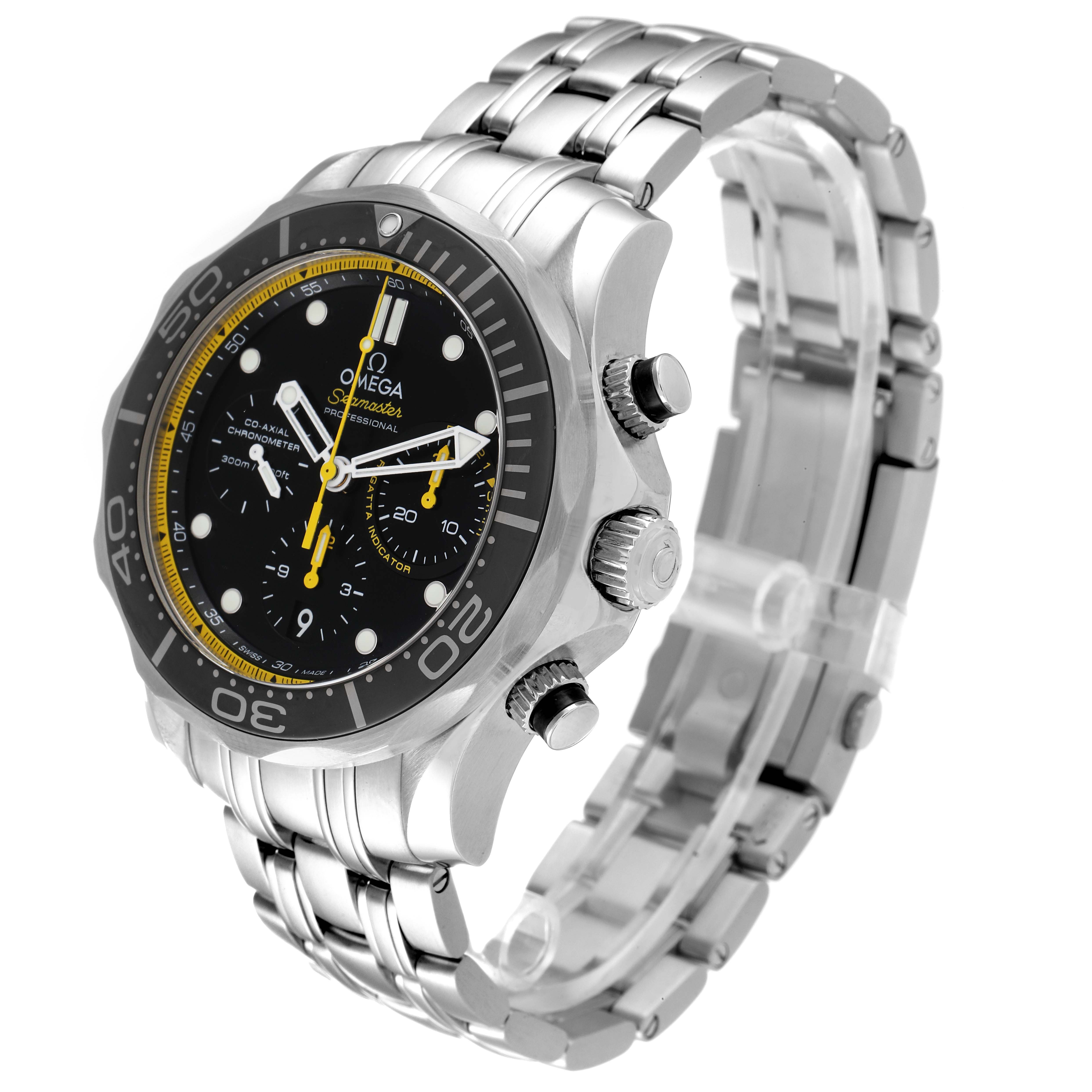 The image shows an angled view of the Omega Seamaster 212.30.44.50.01.002 Men's Stainless Steel Black Dial 212.30.44.50.01.002 Men's Stainless Steel Black Dial watch, highlighting its face, bezel, crown, pushers, and stainless steel bracelet.