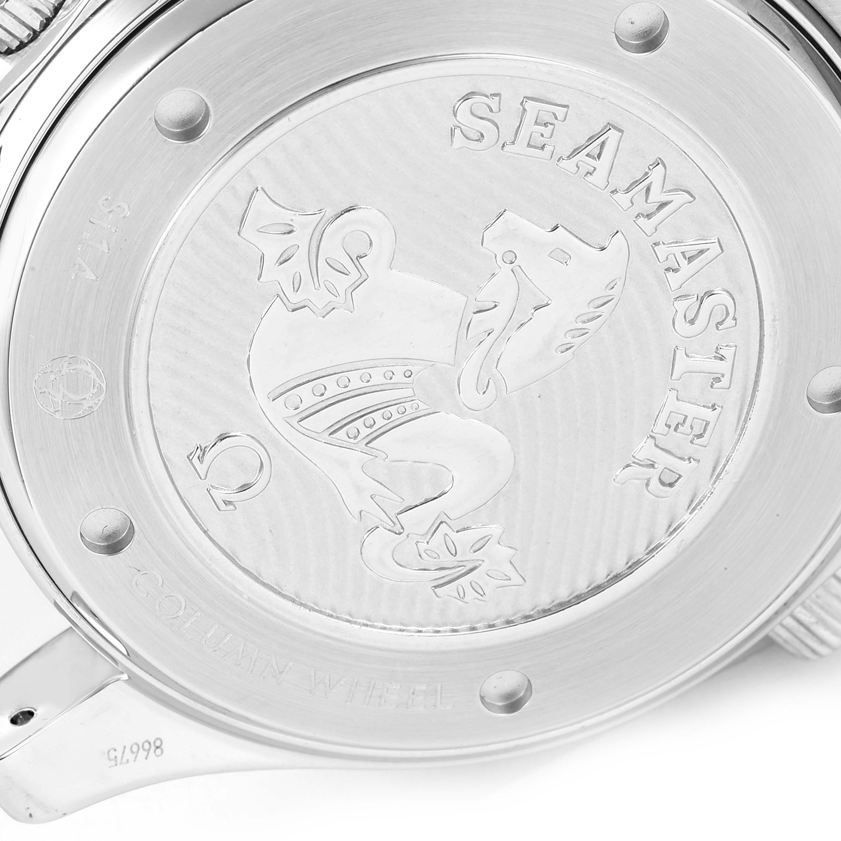 The image shows the case back of an Omega Seamaster 212.30.44.50.01.002 Men's Stainless Steel Black Dial 212.30.44.50.01.002 Men's Stainless Steel Black Dial watch, viewed from a straight angle.