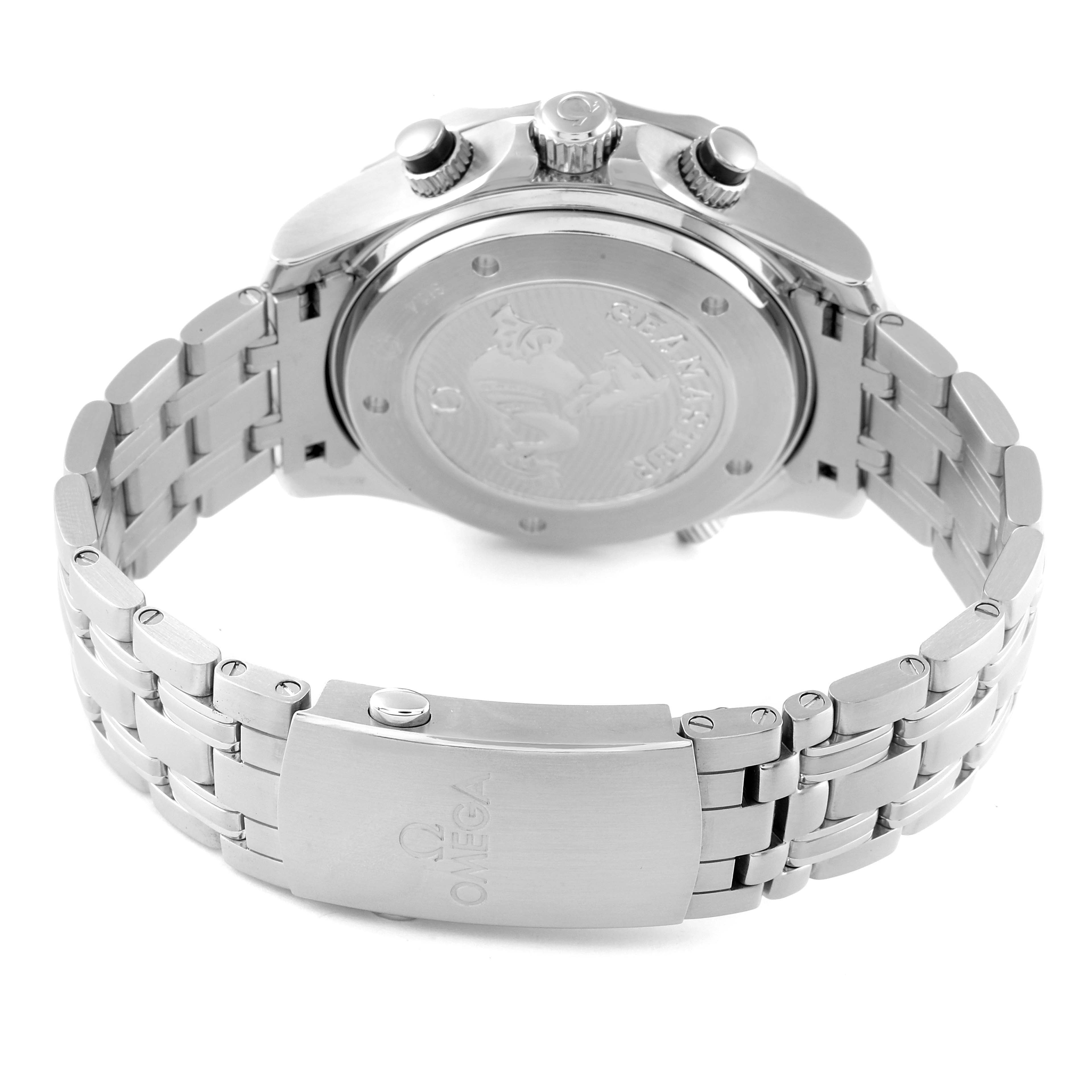 The image shows the back and clasp of the Omega Seamaster 212.30.44.50.01.002 Men's Stainless Steel Black Dial 212.30.44.50.01.002 Men's Stainless Steel Black Dial watch, focusing on the bracelet and case back.