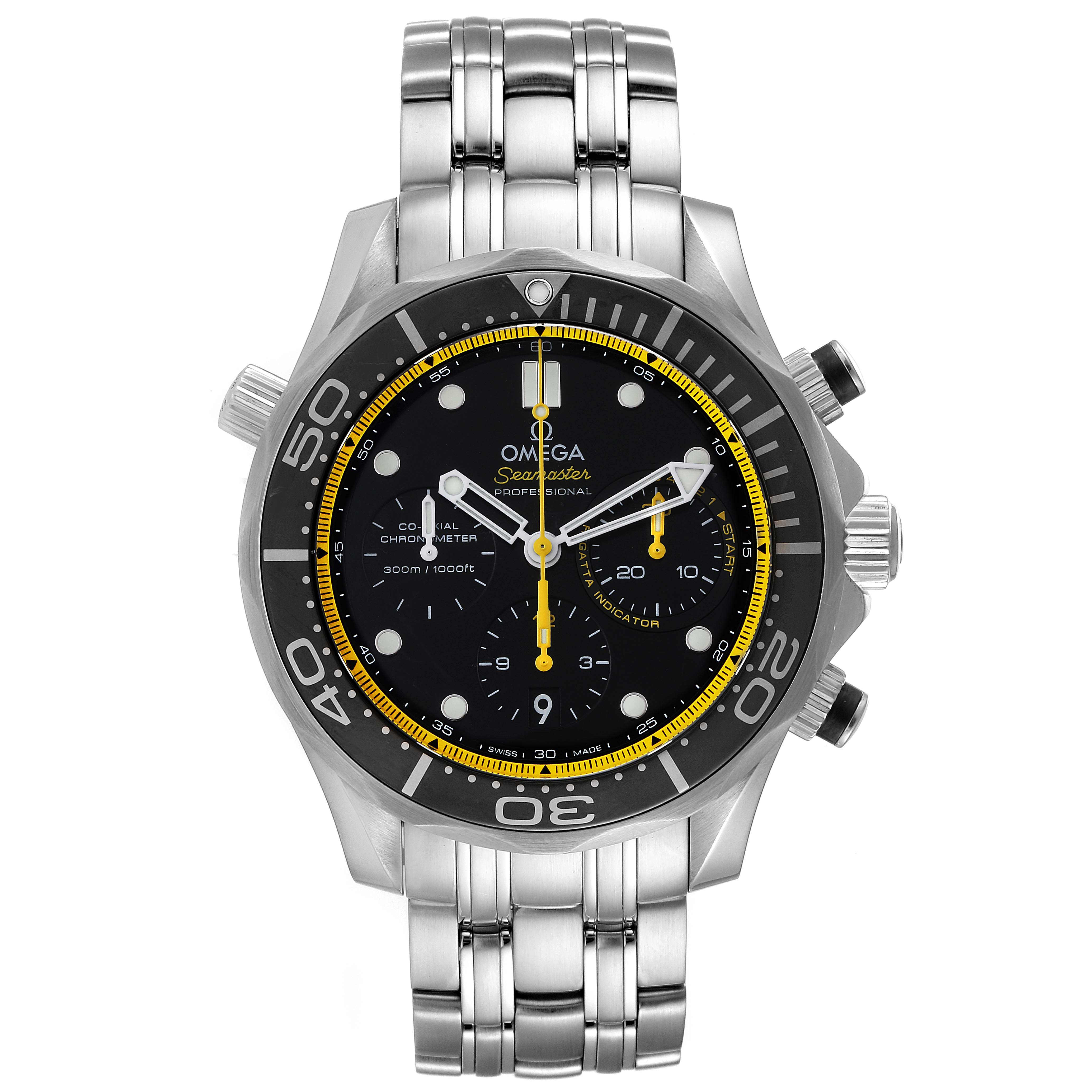 The image shows a front view of the Omega Seamaster 212.30.44.50.01.002 Men's Stainless Steel Black Dial 212.30.44.50.01.002 Men's Stainless Steel Black Dial watch, highlighting its dial, bezel, and bracelet.