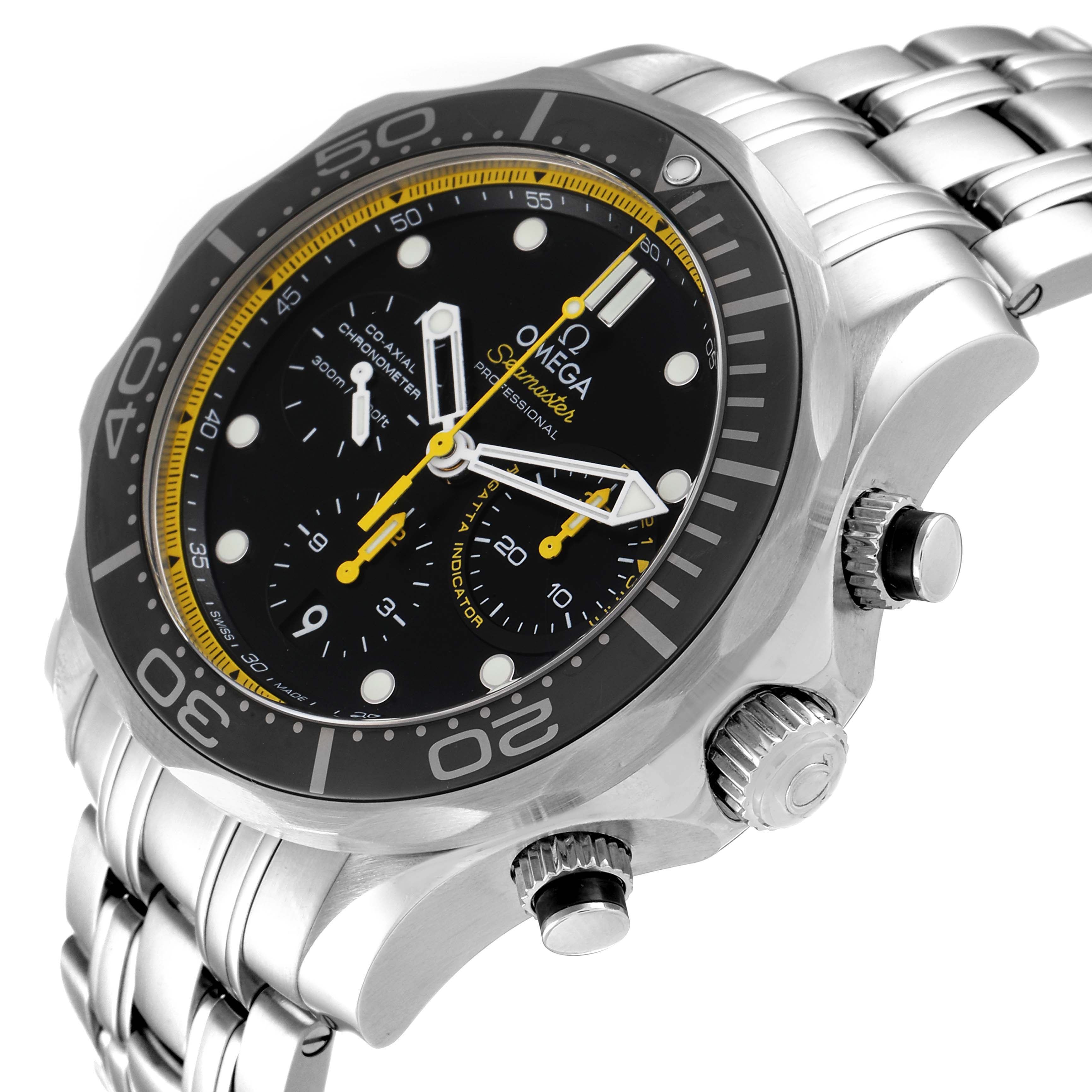 The image shows a close-up, angled view of the Omega Seamaster 212.30.44.50.01.002 Men's Stainless Steel Black Dial 212.30.44.50.01.002 Men's Stainless Steel Black Dial watch face and side crown, highlighting its stainless steel bracelet.