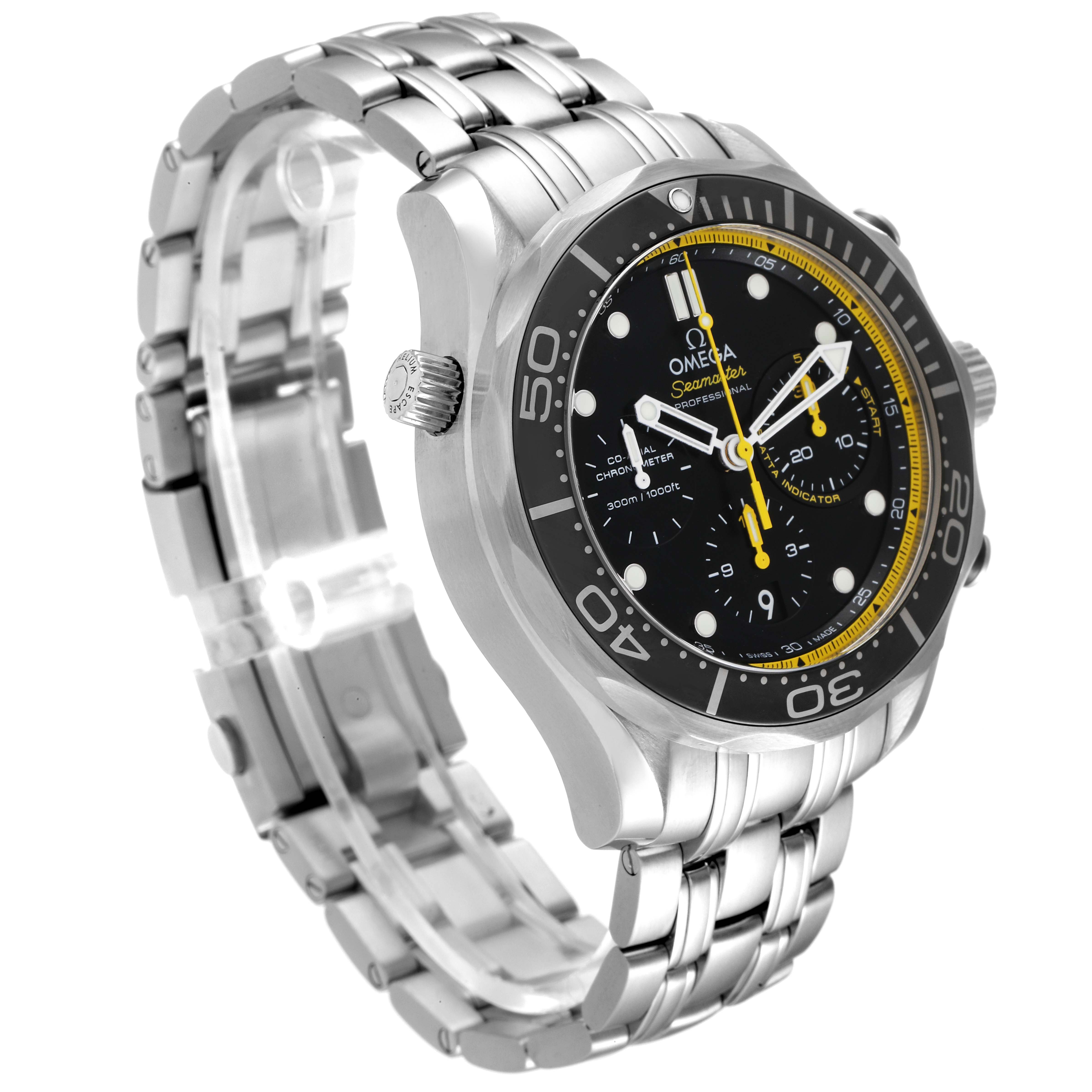 The Omega Seamaster 212.30.44.50.01.002 Men's Stainless Steel Black Dial 212.30.44.50.01.002 Men's Stainless Steel Black Dial watch is shown from a front-left angle, displaying the face, bezel, crown, and metal bracelet.