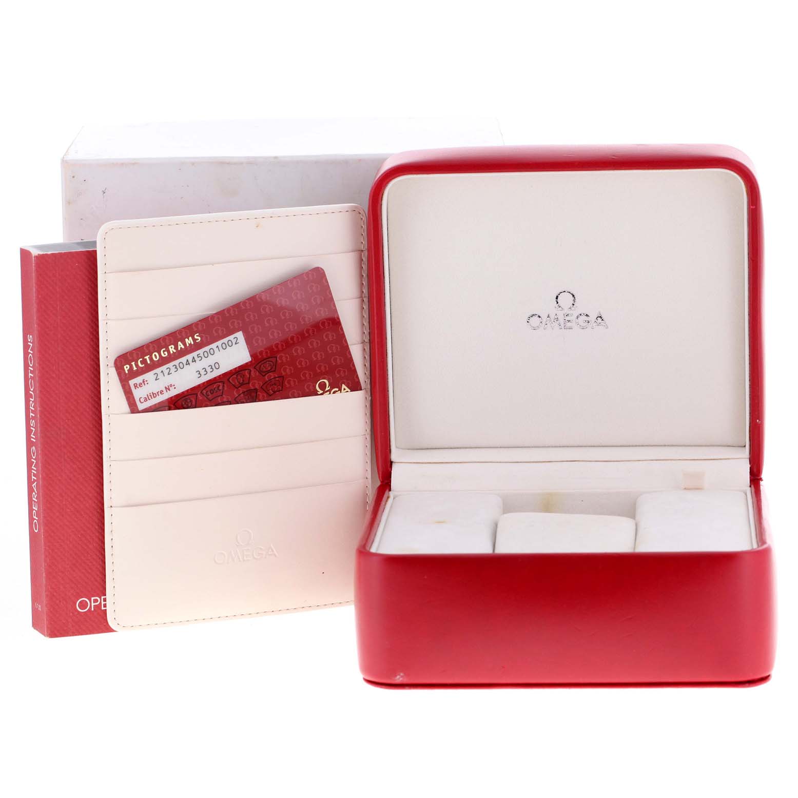 The image shows the packaging, warranty cards, and storage box for the Omega Seamaster 212.30.44.50.01.002 Men's Stainless Steel Black Dial 212.30.44.50.01.002 Men's Stainless Steel Black Dial watch.