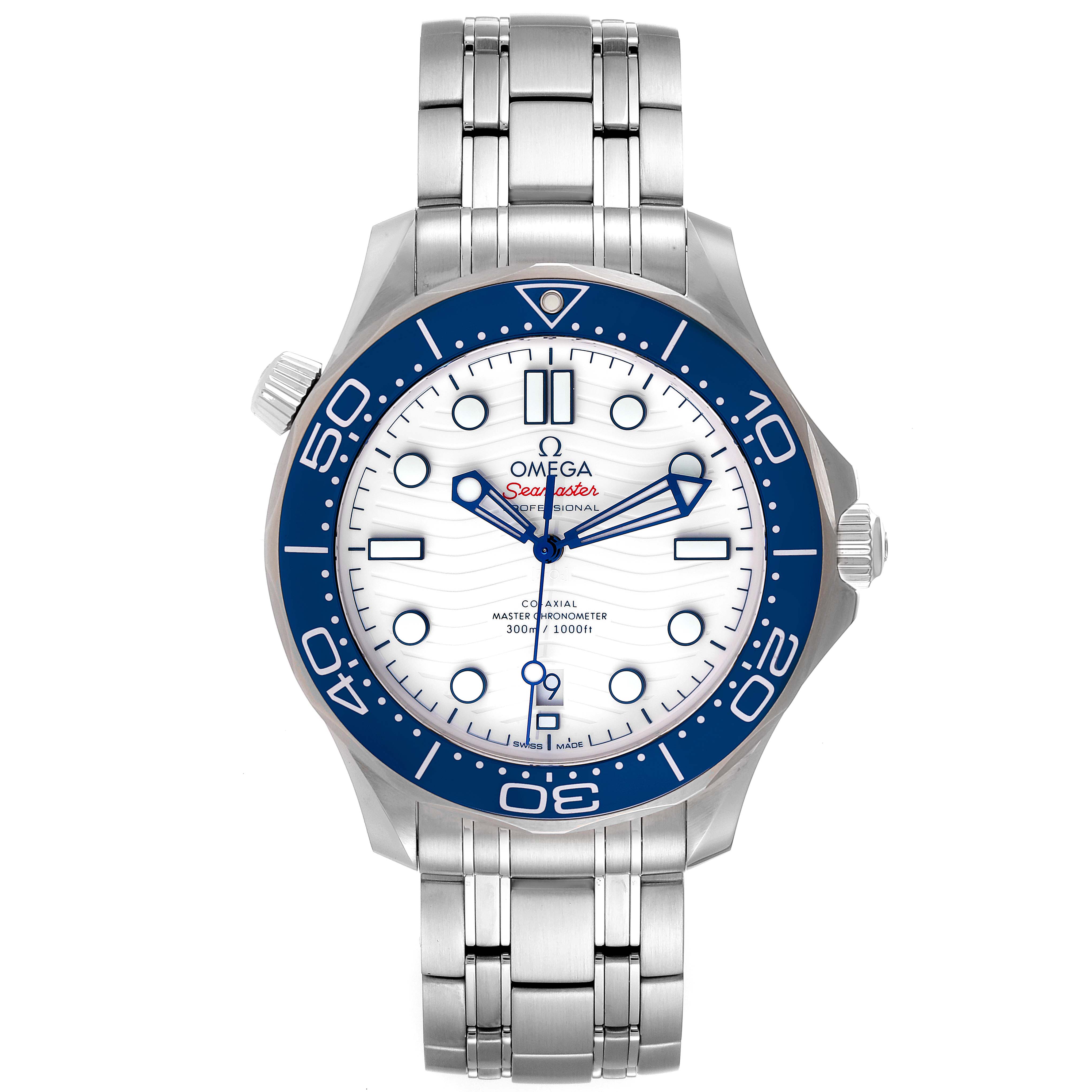 This is a front view of the Omega Seamaster 522.30.42.20.04.001 Men's Stainless Steel White Dial 522.30.42.20.04.001 Men's Stainless Steel White Dial watch with a white dial, blue bezel, and metal bracelet.