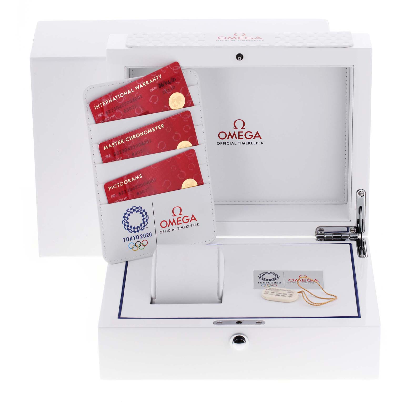 The image shows the packaging of an Omega Seamaster 522.30.42.20.04.001 Men's Stainless Steel White Dial 522.30.42.20.04.001 Men's Stainless Steel White Dial watch, displaying the box, warranty cards, and tags from a front angle.