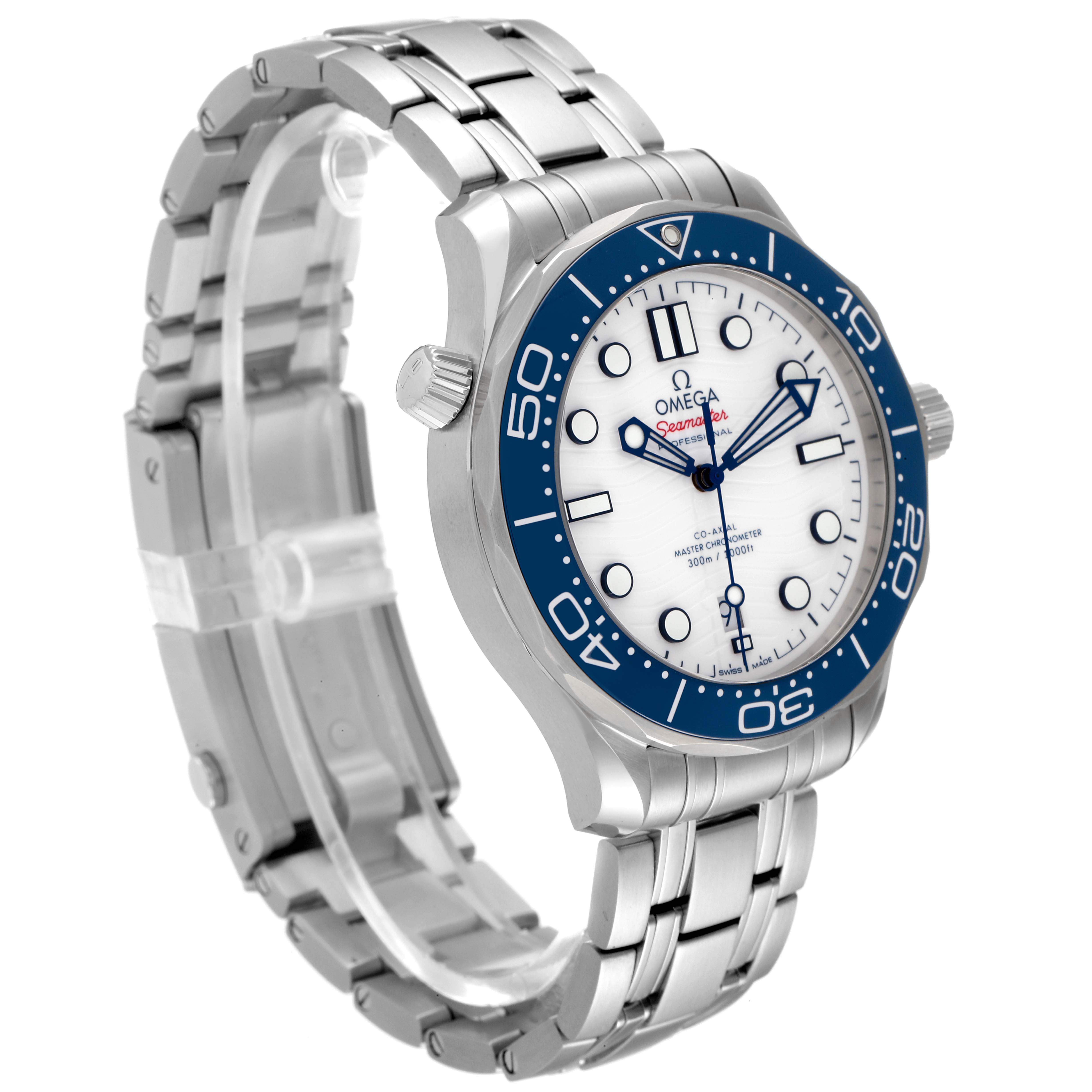 The Omega Seamaster 522.30.42.20.04.001 Men's Stainless Steel White Dial 522.30.42.20.04.001 Men's Stainless Steel White Dial watch is shown at a three-quarter angle, displaying the dial, bezel, crown, and bracelet.