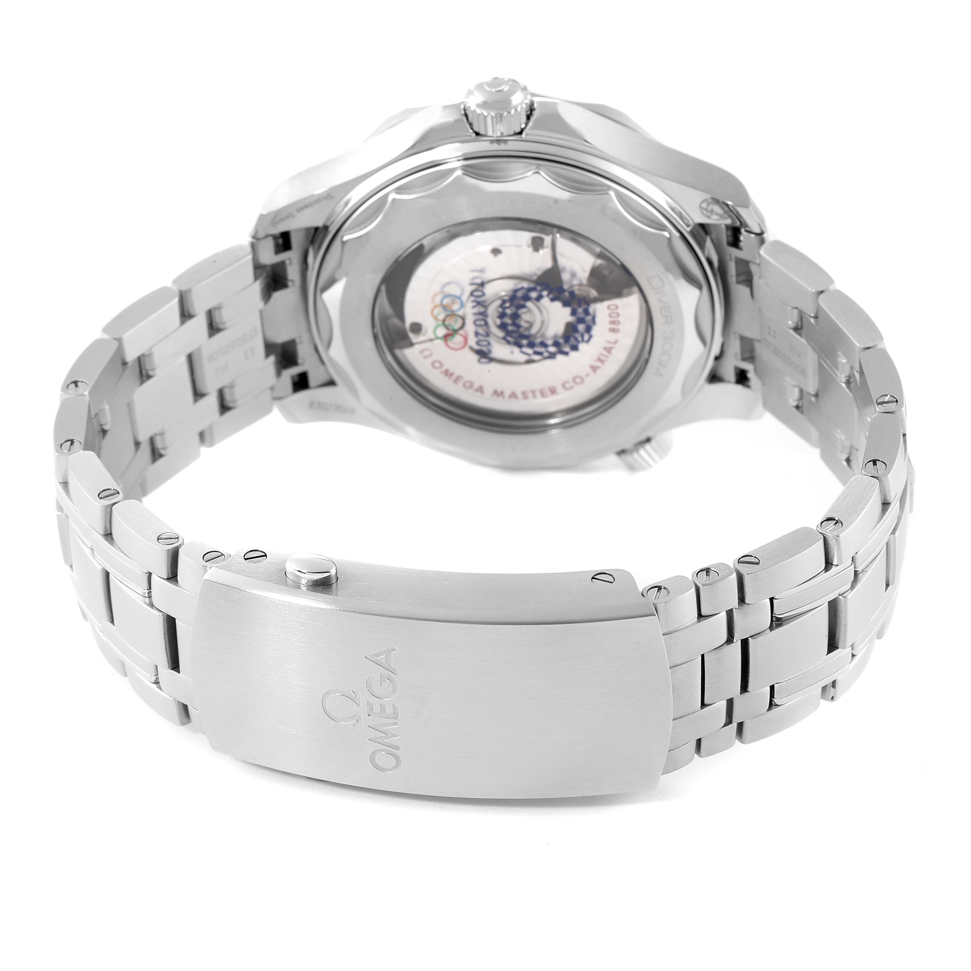 The image shows the back view of an Omega Seamaster 522.30.42.20.04.001 Men's Stainless Steel White Dial 522.30.42.20.04.001 Men's Stainless Steel White Dial watch, highlighting the clasp, bracelet, and exhibition case back.