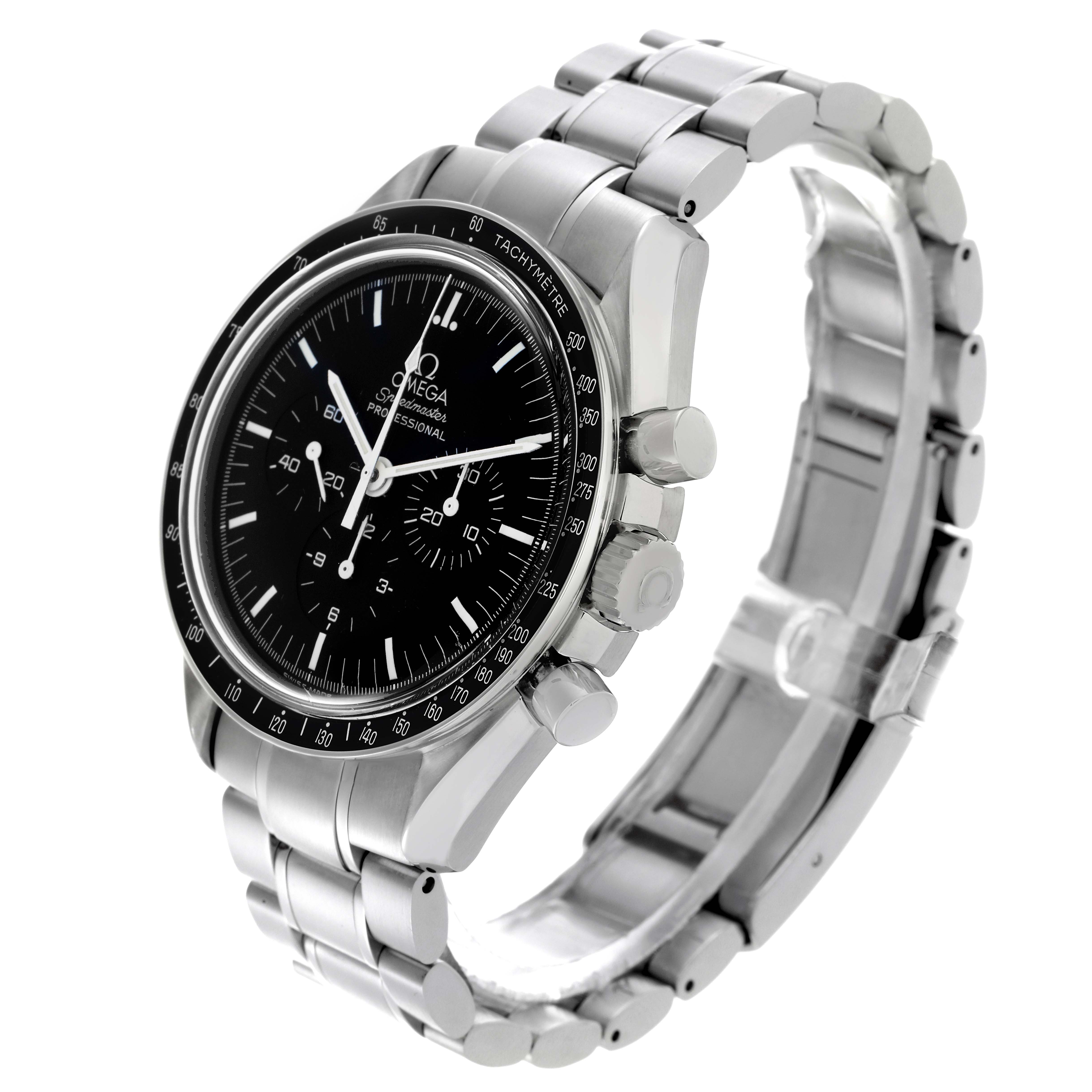 The Omega Speedmaster 3560.50.00 Men's Stainless Steel Black Dial 3560.50.00 Men's Stainless Steel Black Dial watch is shown at a three-quarter angle, highlighting the face, bezel, and bracelet.