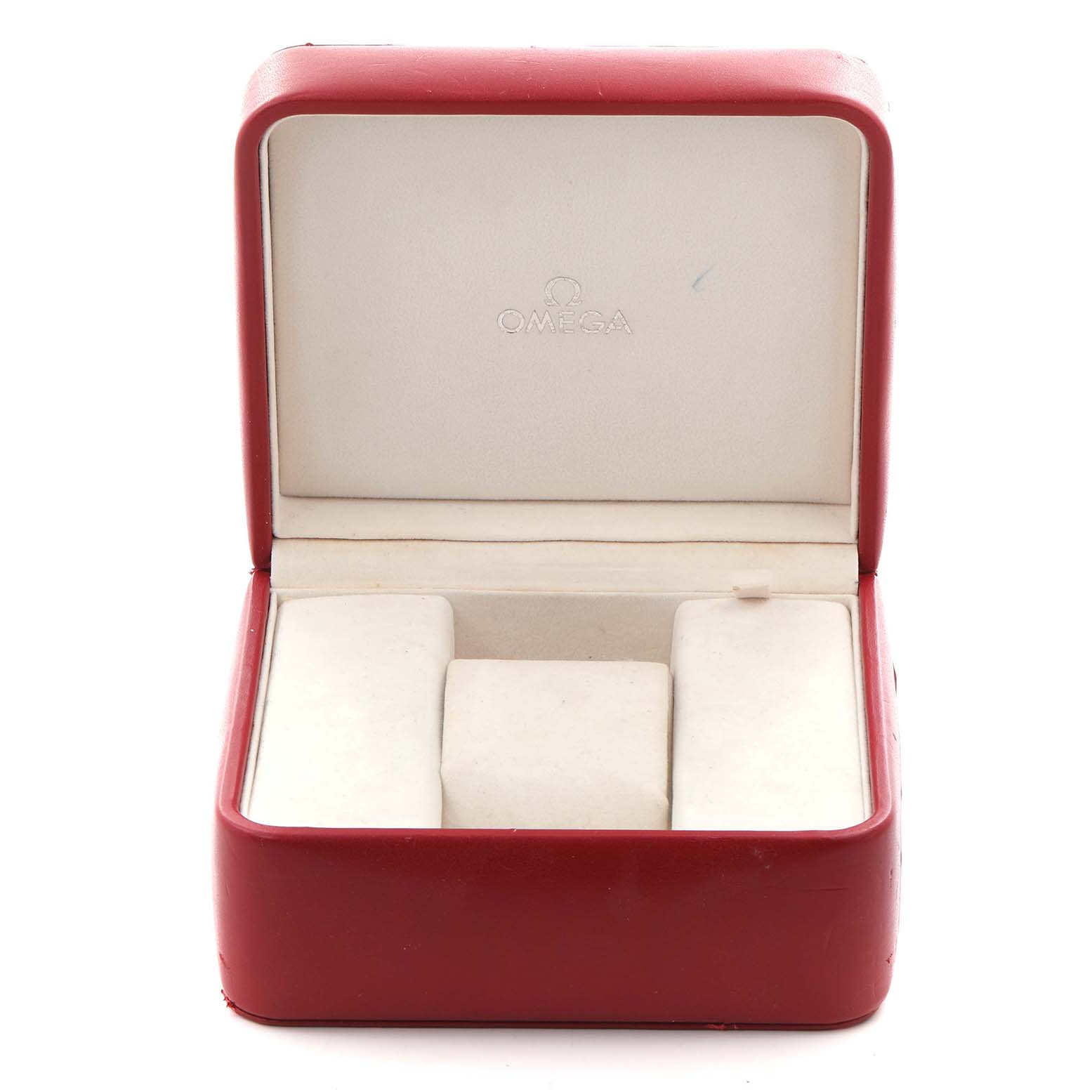 The image shows an open red Omega watch box for the Speedmaster model, displaying its interior padding from a front view.