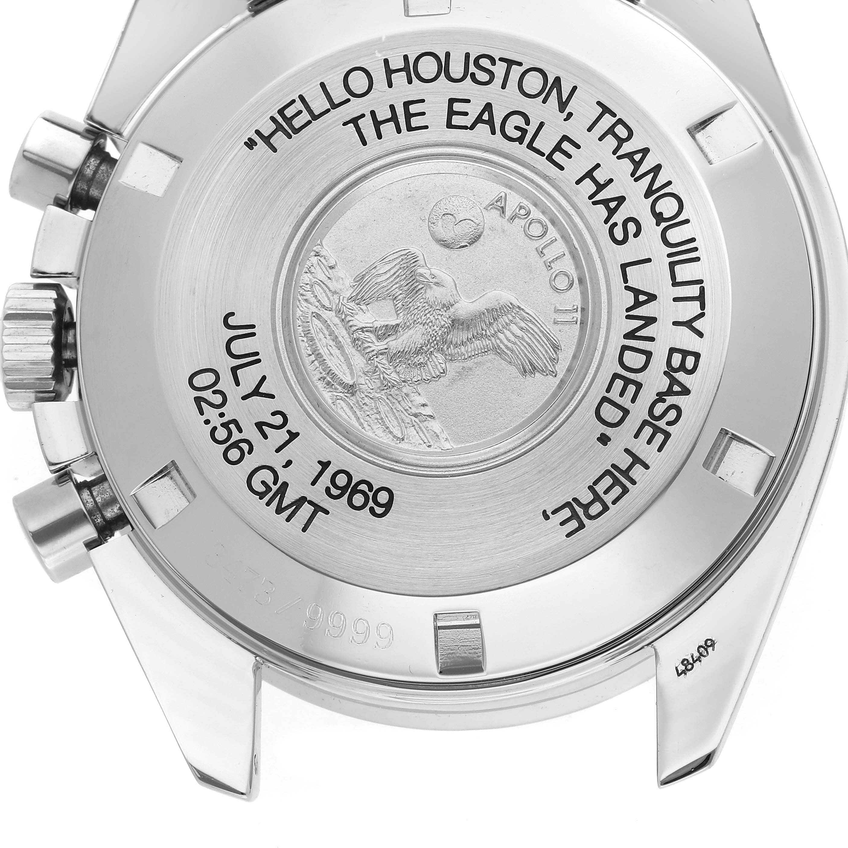 The image shows the case back of an Omega Speedmaster 3560.50.00 Men's Stainless Steel Black Dial 3560.50.00 Men's Stainless Steel Black Dial, featuring commemorative inscriptions and embossed details.