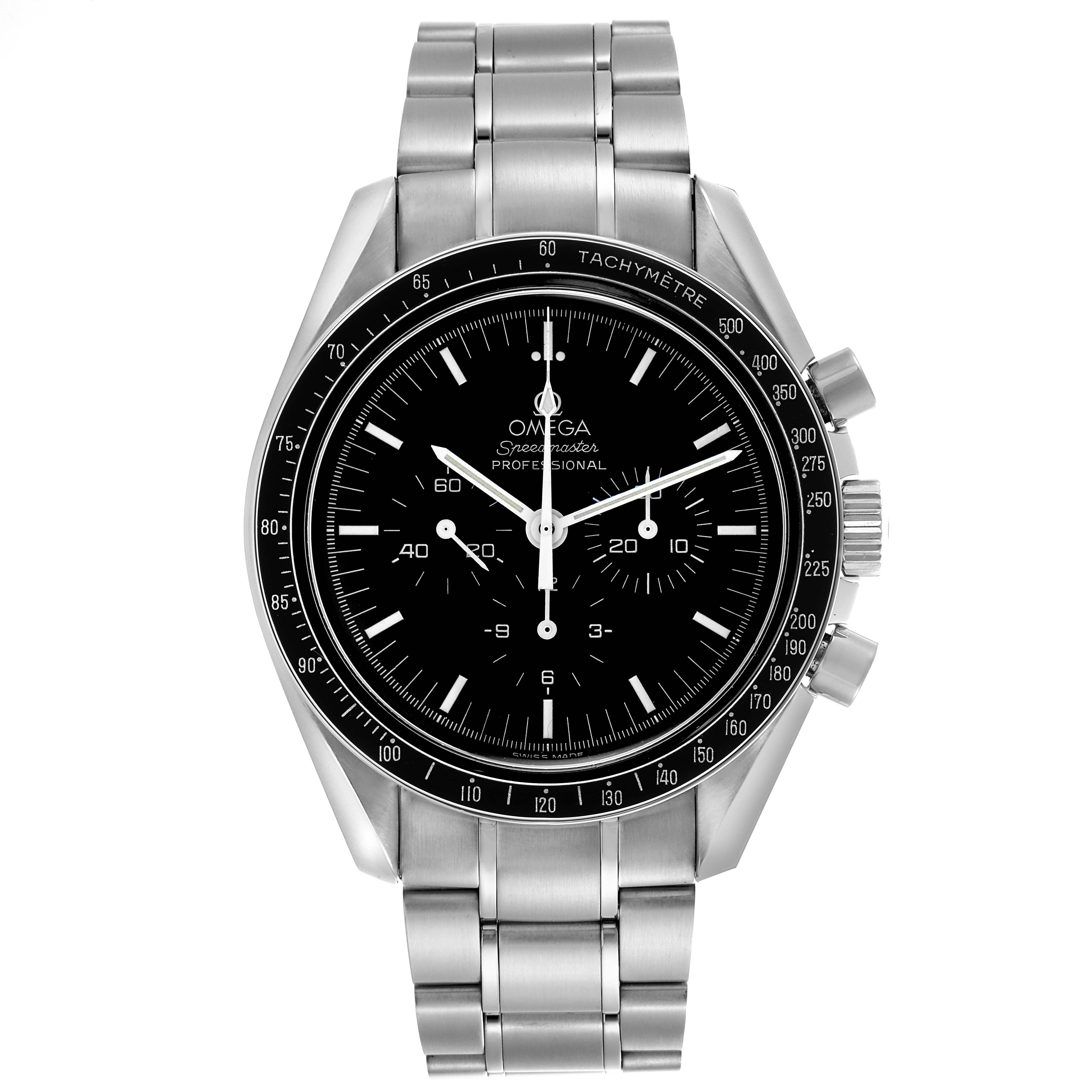 The Omega Speedmaster 3560.50.00 Men's Stainless Steel Black Dial 3560.50.00 Men's Stainless Steel Black Dial watch is shown from the front, displaying the dial, bezel, pushers, and bracelet.