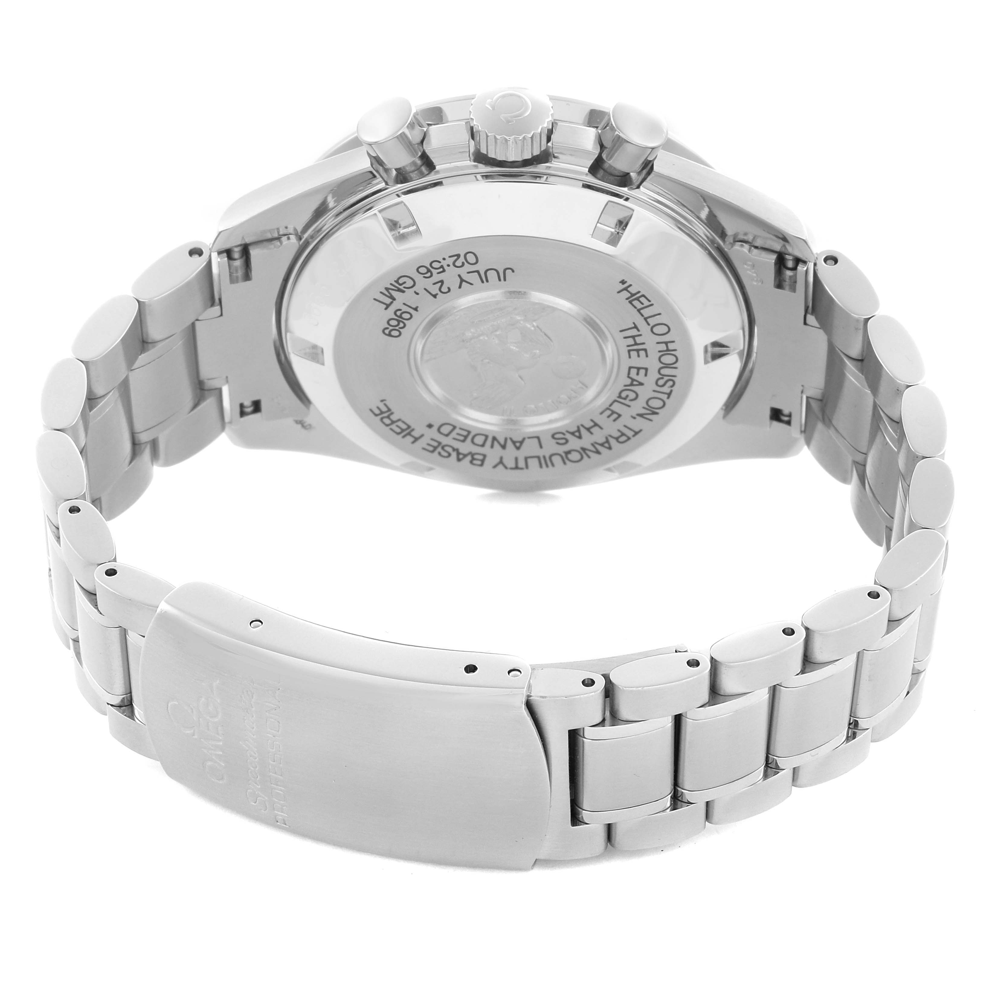 The image shows the Omega Speedmaster 3560.50.00 Men's Stainless Steel Black Dial 3560.50.00 Men's Stainless Steel Black Dial from a rear angle, highlighting the bracelet, clasp, and engraved case back.