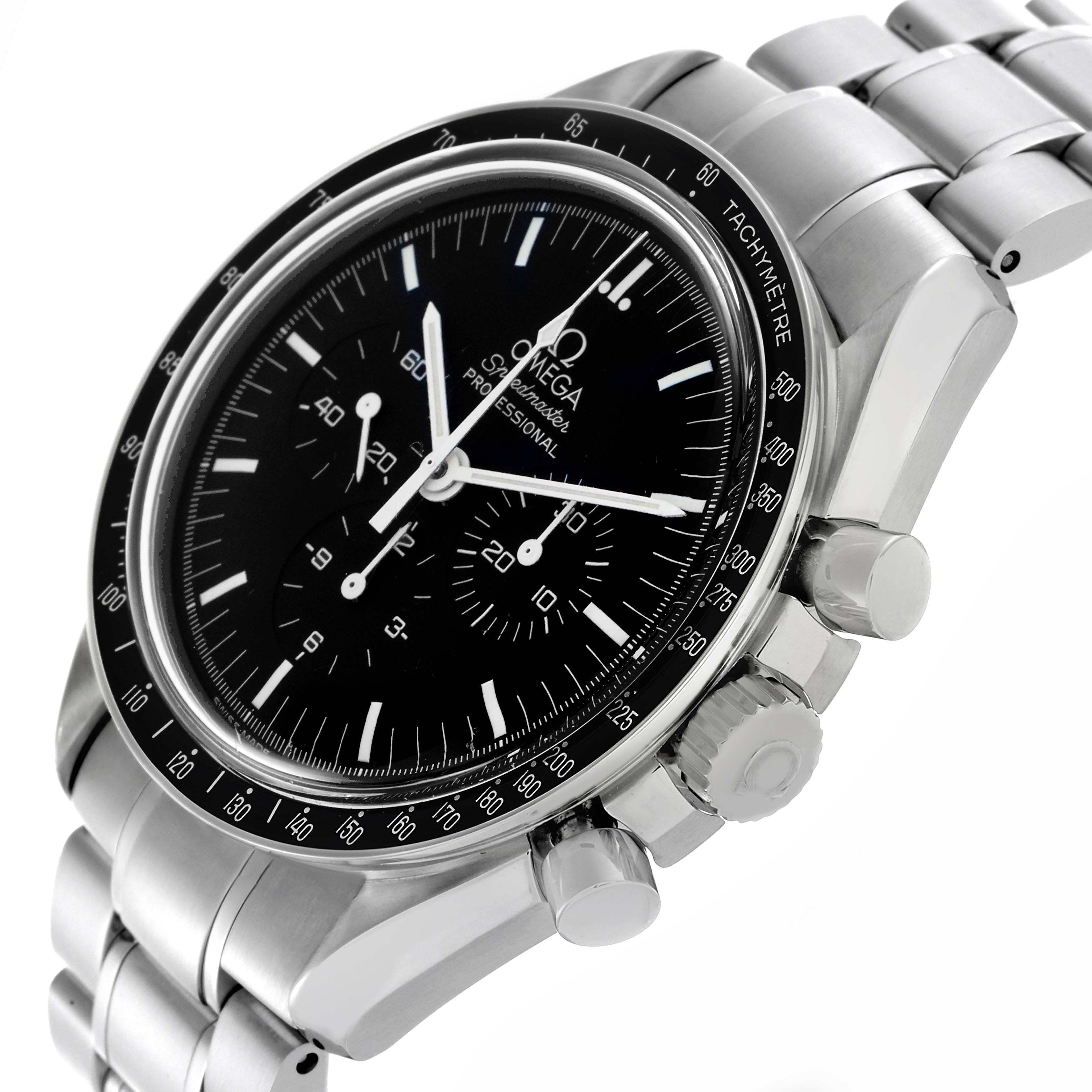 The Omega Speedmaster 3560.50.00 Men's Stainless Steel Black Dial 3560.50.00 Men's Stainless Steel Black Dial watch is shown at a three-quarter angle, highlighting the dial, bezel, crown, and bracelet.
