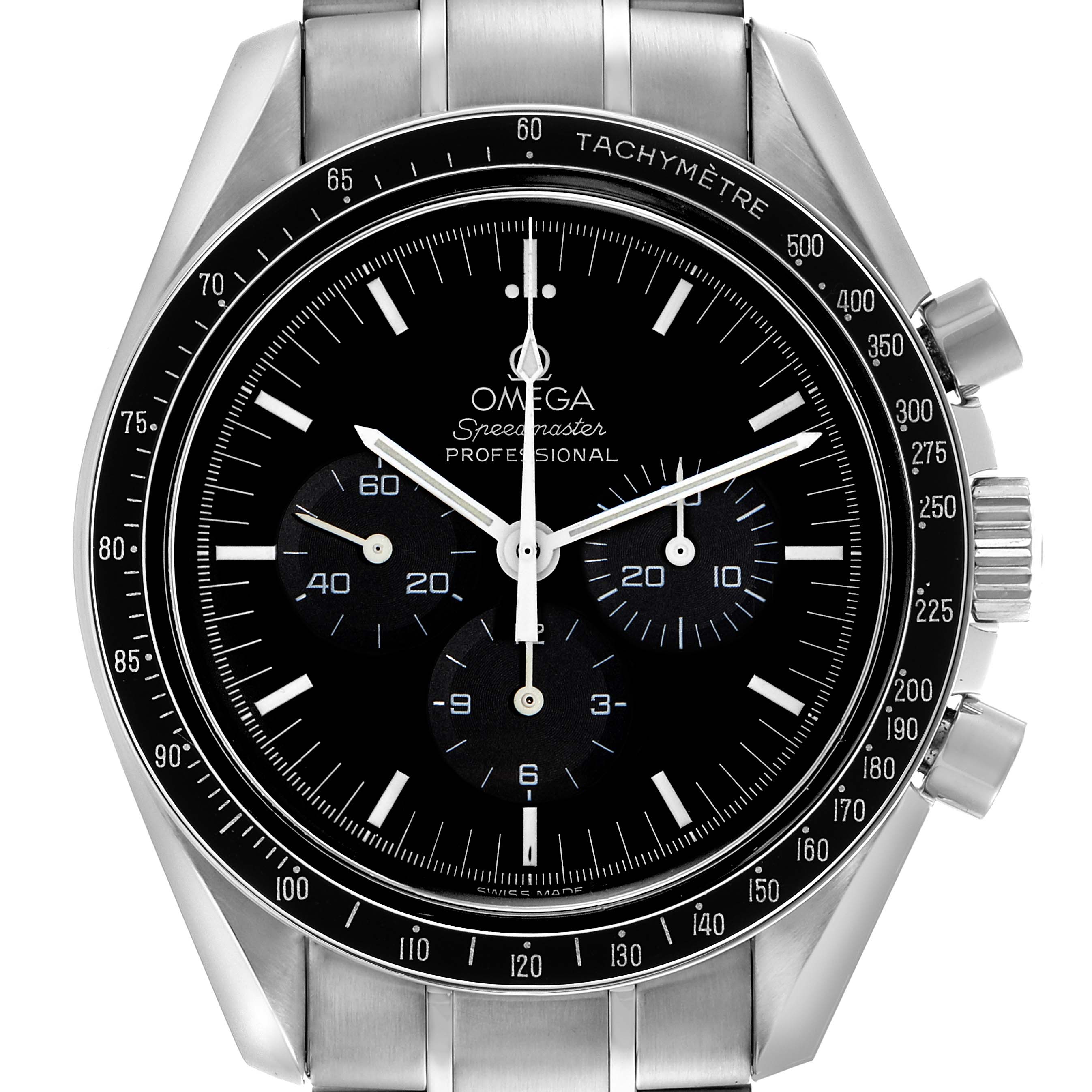 The image shows a frontal view of an Omega Speedmaster 3560.50.00 Men's Stainless Steel Black Dial 3560.50.00 Men's Stainless Steel Black Dial with its chronograph subdials and tachymetric bezel clearly visible.