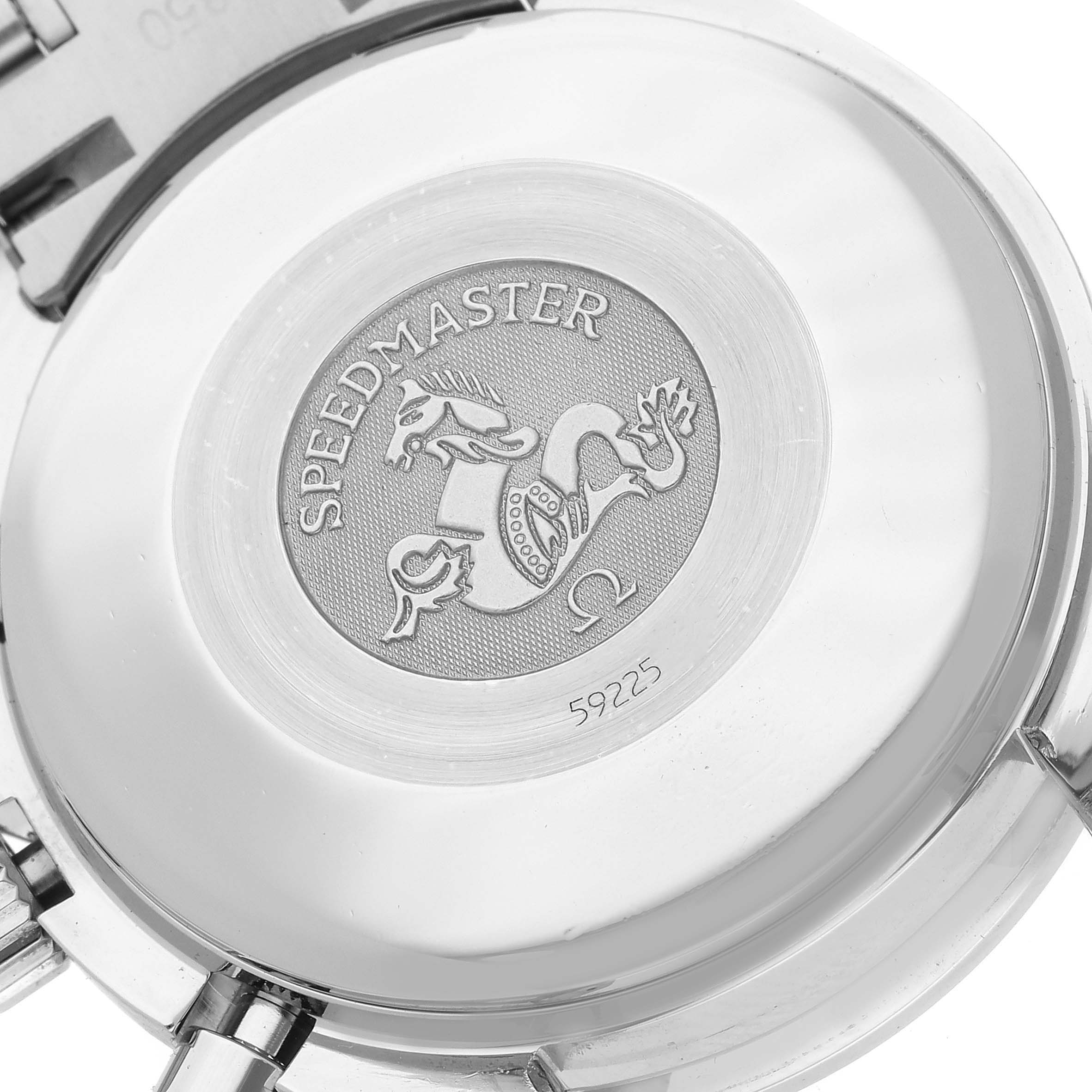 The image shows the case back of an Omega Speedmaster 3513.50.00 Men
s Stainless Steel Black Dial 3513.50.00 Men
s Stainless Steel Black Dial, highlighting the engraved emblem and model details.