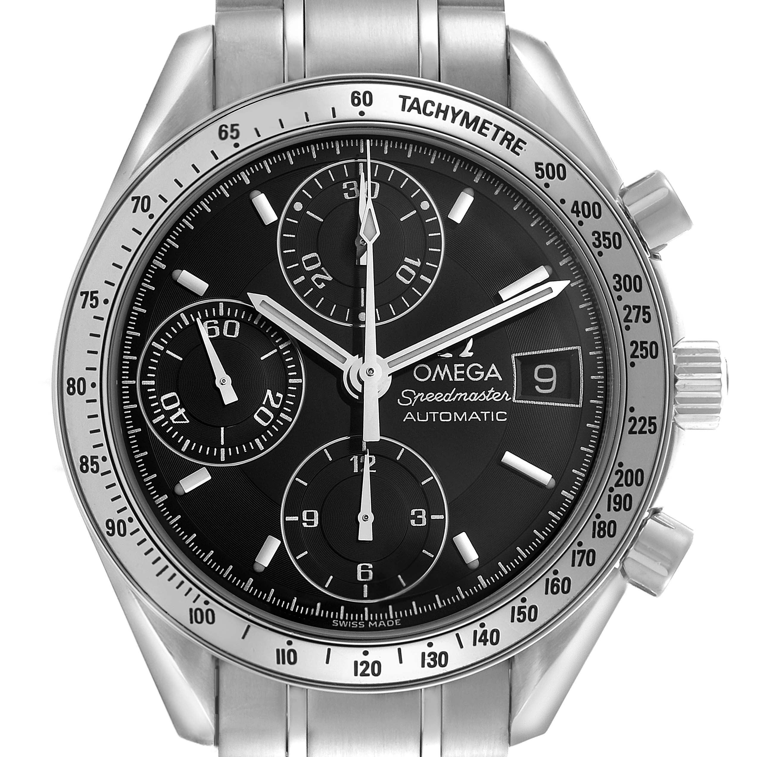 The Omega Speedmaster 3513.50.00 Men
s Stainless Steel Black Dial 3513.50.00 Men
s Stainless Steel Black Dial watch is shown from a front angle, highlighting the dial, bezel, three subdials, and crown.