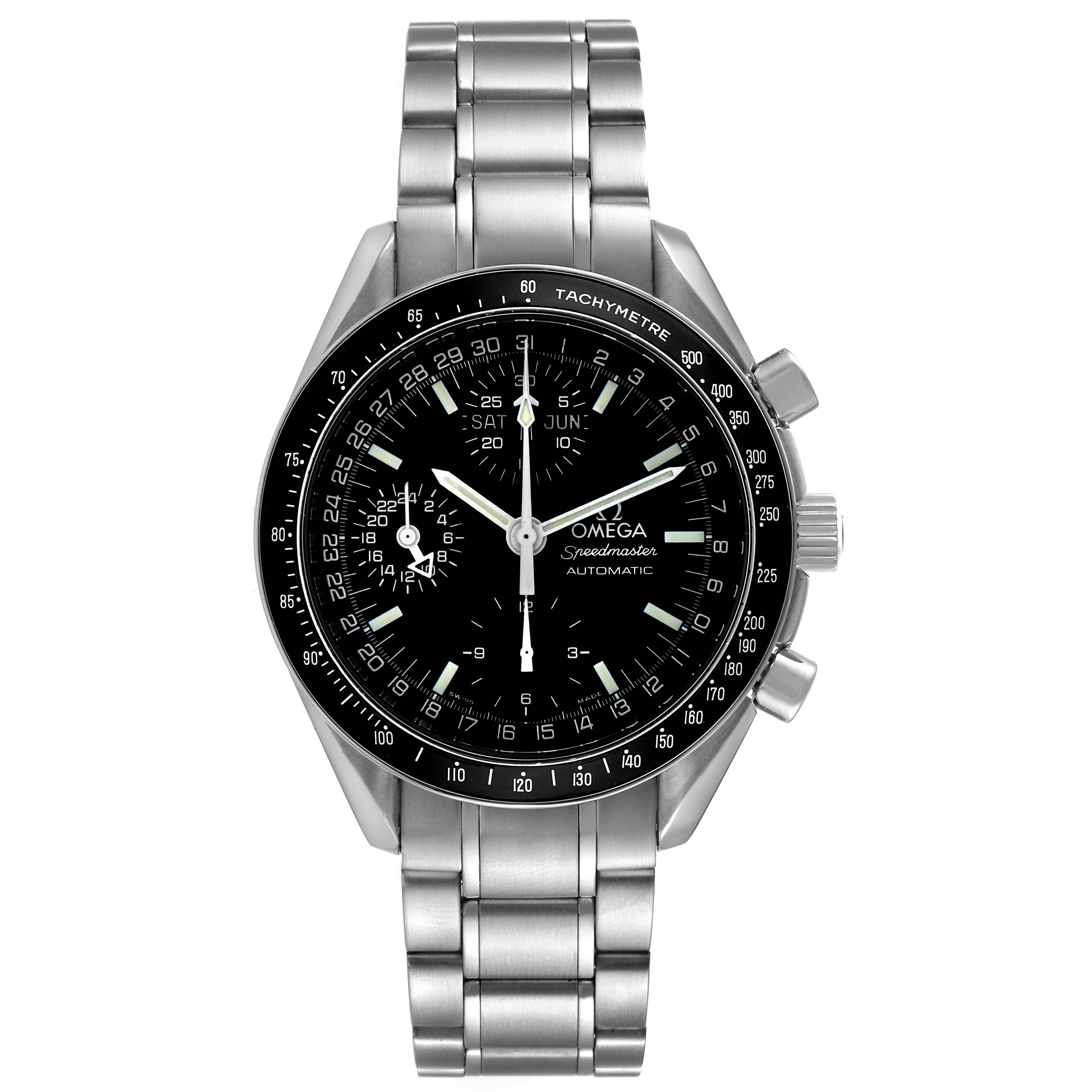 The image shows a front view of the Omega Speedmaster 3520.50.00 Men's Stainless Steel Black Dial 3520.50.00 Men's Stainless Steel Black Dial watch, displaying its face, bezel, and metal bracelet.