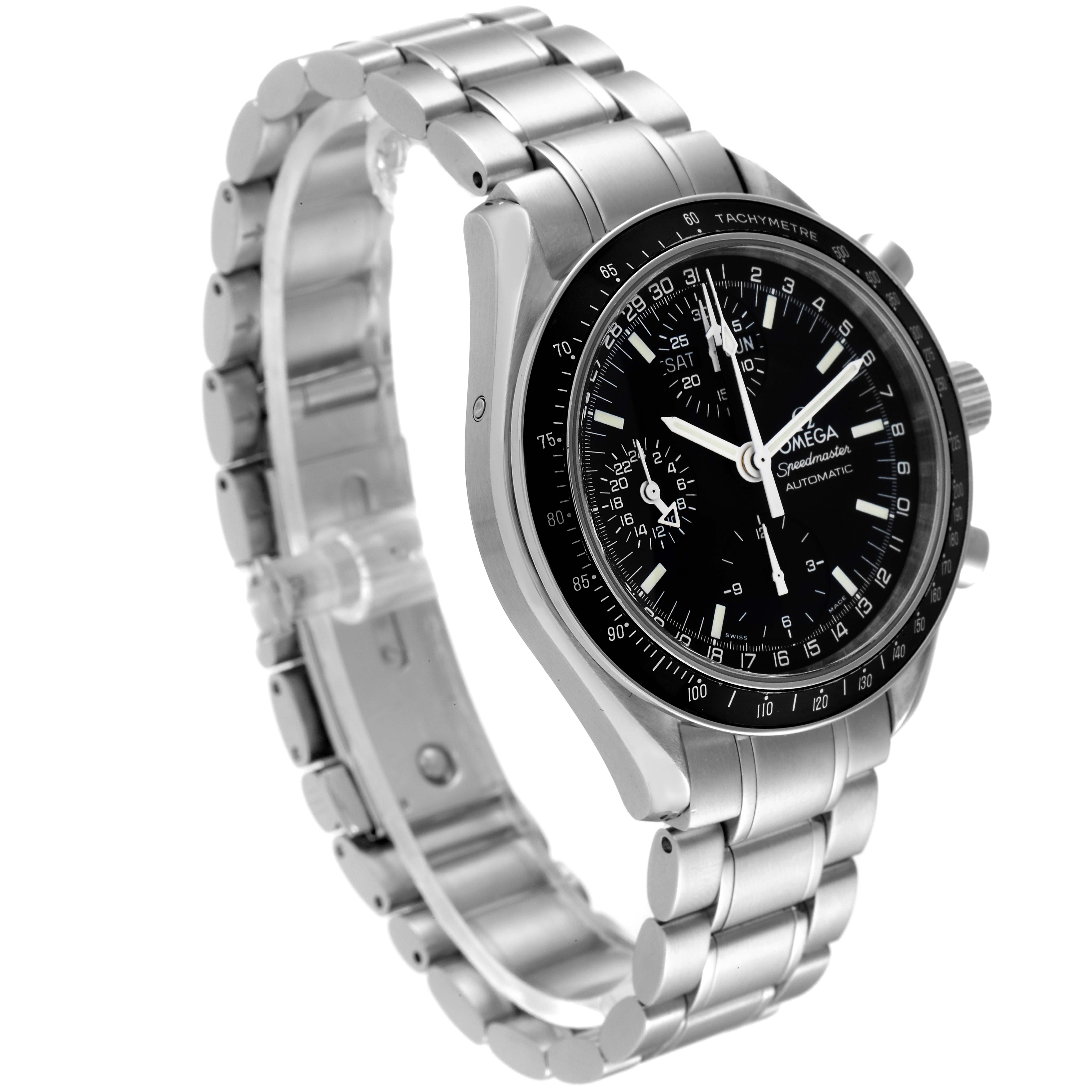 The Omega Speedmaster 3520.50.00 Men's Stainless Steel Black Dial 3520.50.00 Men's Stainless Steel Black Dial watch is shown at a three-quarter angle, highlighting its dial, bezel, case, and metal bracelet.