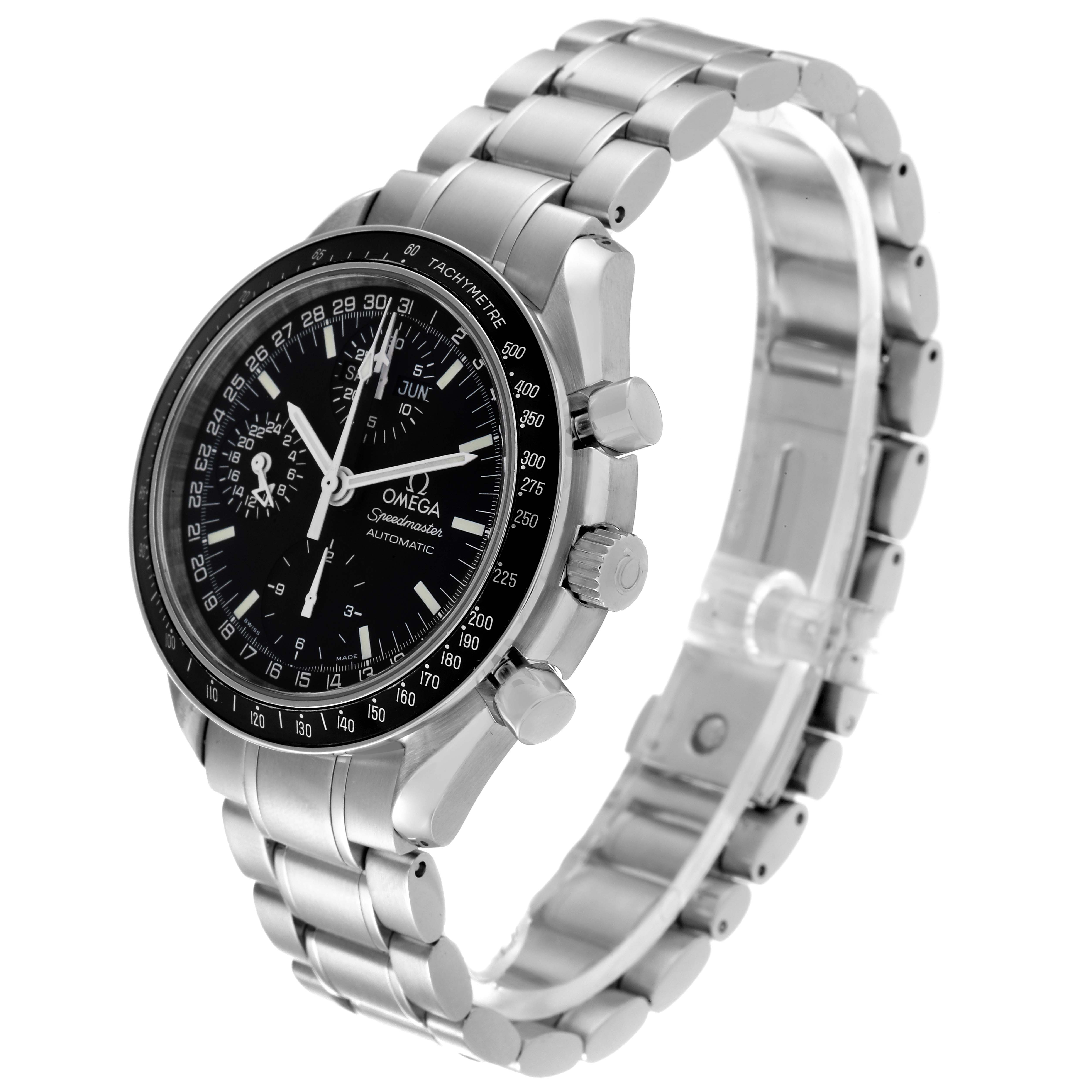 The Omega Speedmaster 3520.50.00 Men's Stainless Steel Black Dial 3520.50.00 Men's Stainless Steel Black Dial watch is shown at an angled side view, featuring the face, bezel, crown, and bracelet.