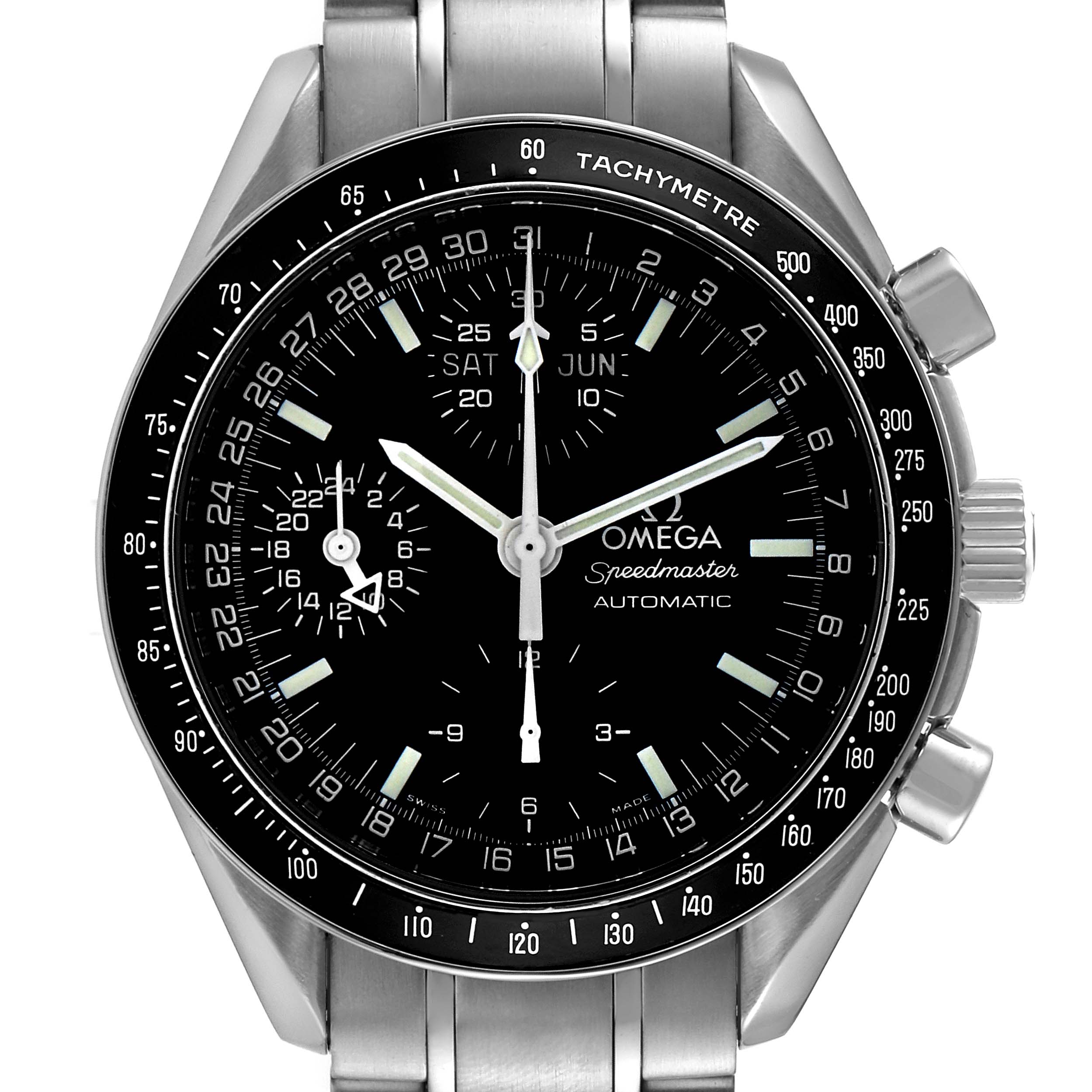 This image shows a front view of the Omega Speedmaster 3520.50.00 Men's Stainless Steel Black Dial 3520.50.00 Men's Stainless Steel Black Dial watch, displaying its face, tachymeter bezel, chronograph sub-dials, and stainless steel bracelet.