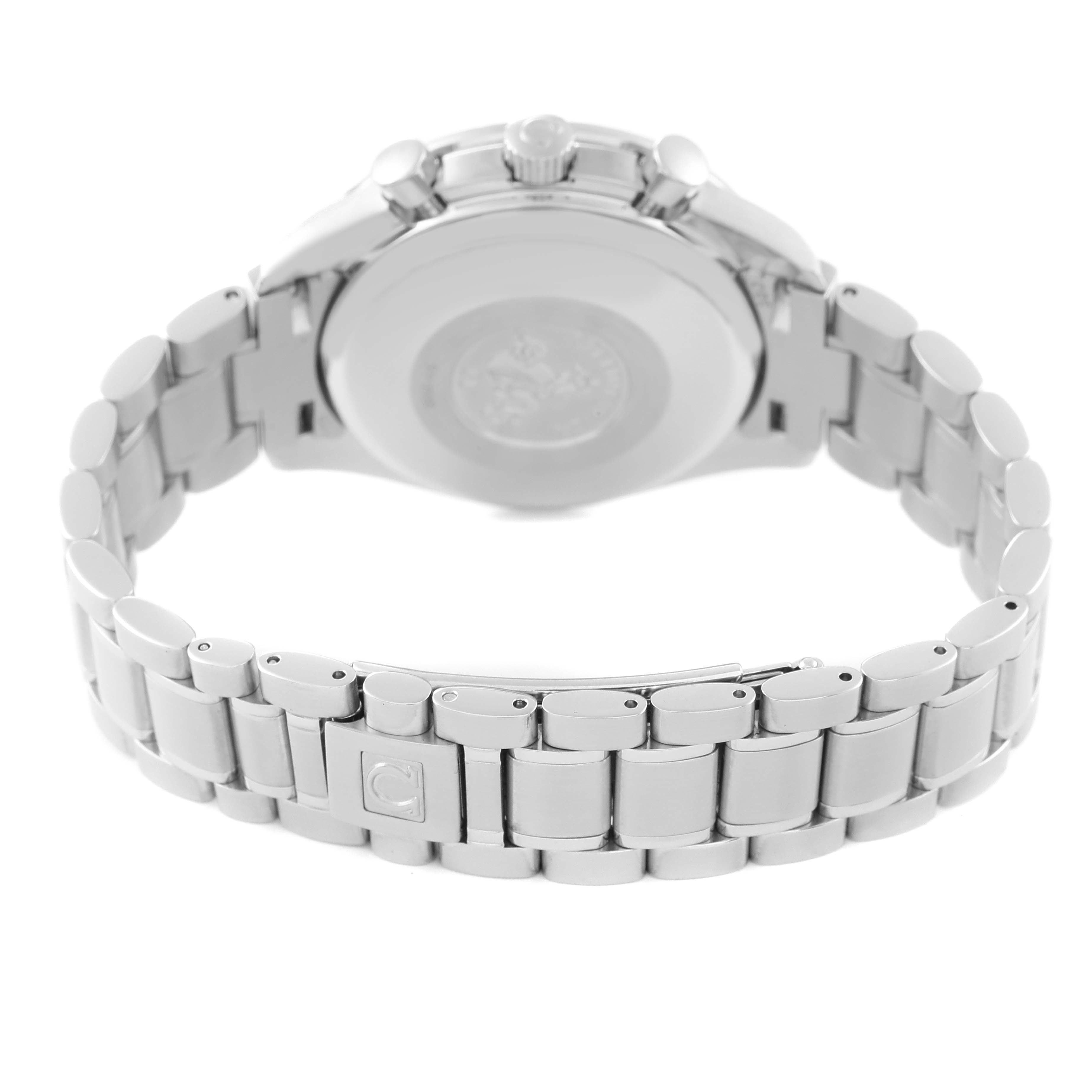 The image shows the back case and stainless steel bracelet of an Omega Speedmaster 3520.50.00 Men's Stainless Steel Black Dial 3520.50.00 Men's Stainless Steel Black Dial watch from a rear angle.