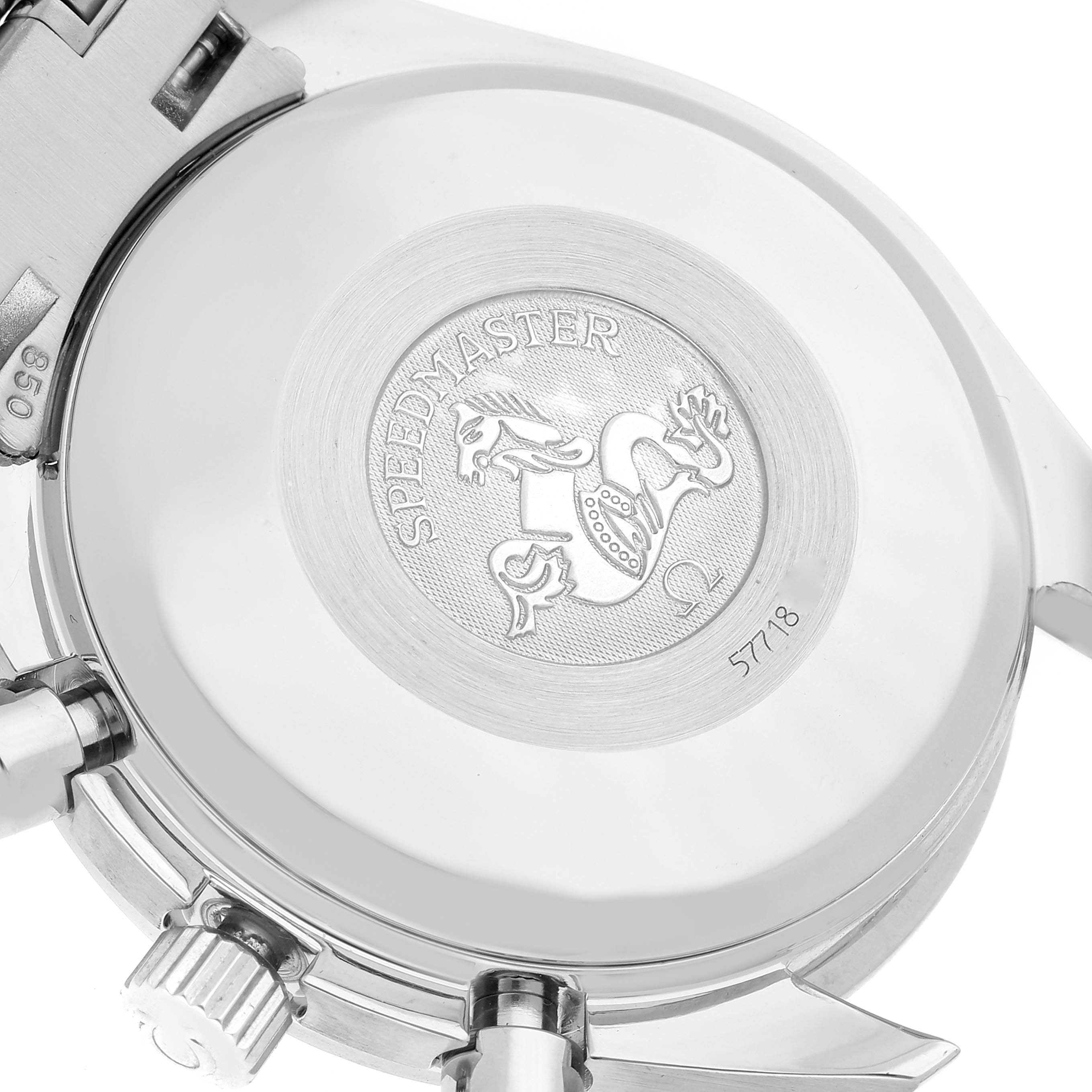 The image shows the back case of an Omega Speedmaster 3520.50.00 Men's Stainless Steel Black Dial 3520.50.00 Men's Stainless Steel Black Dial watch, featuring the engraved Speedmaster logo and surrounding components.