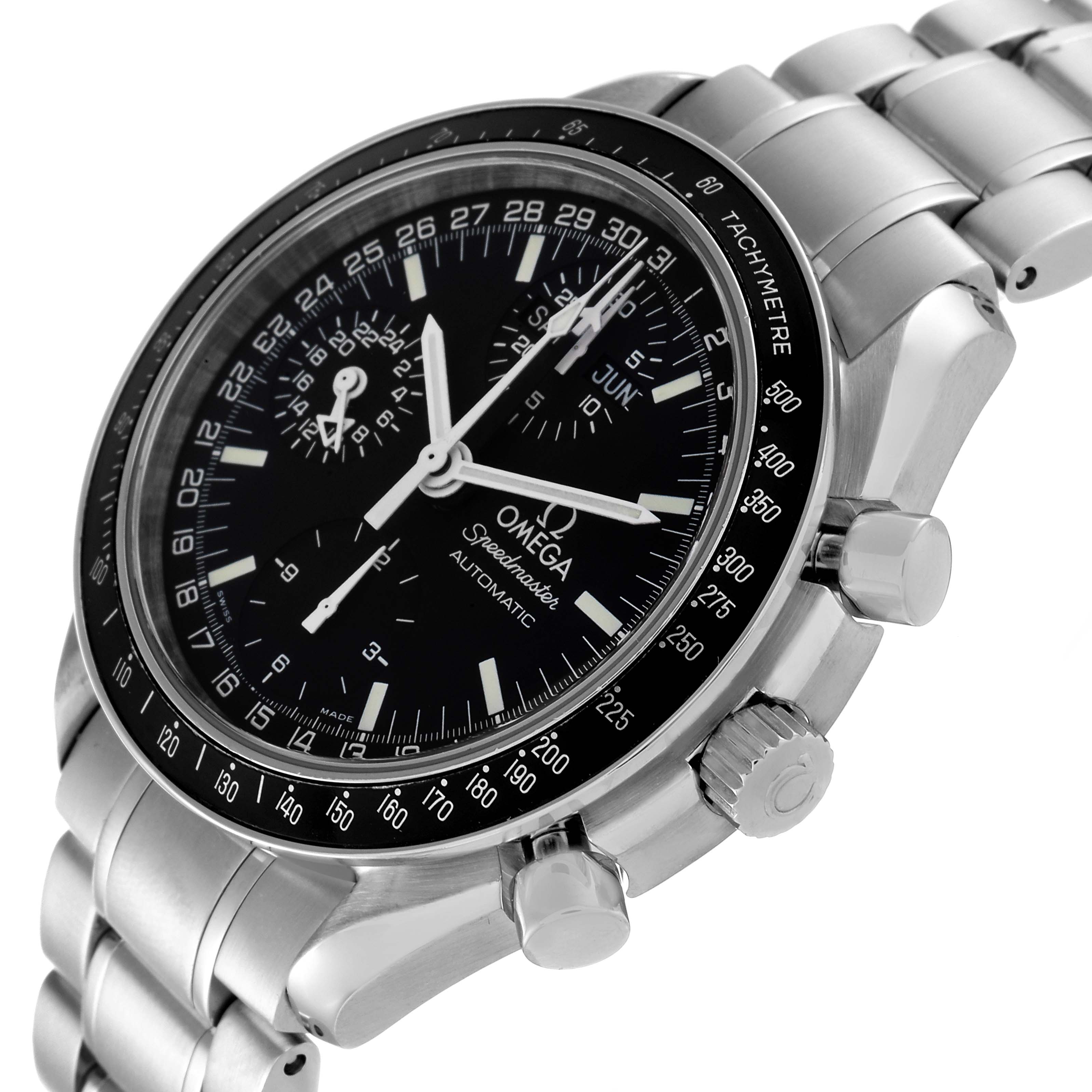 This angled shot of the Omega Speedmaster 3520.50.00 Men's Stainless Steel Black Dial 3520.50.00 Men's Stainless Steel Black Dial watch shows the dial, bezel, crown, pushers, and part of the bracelet.