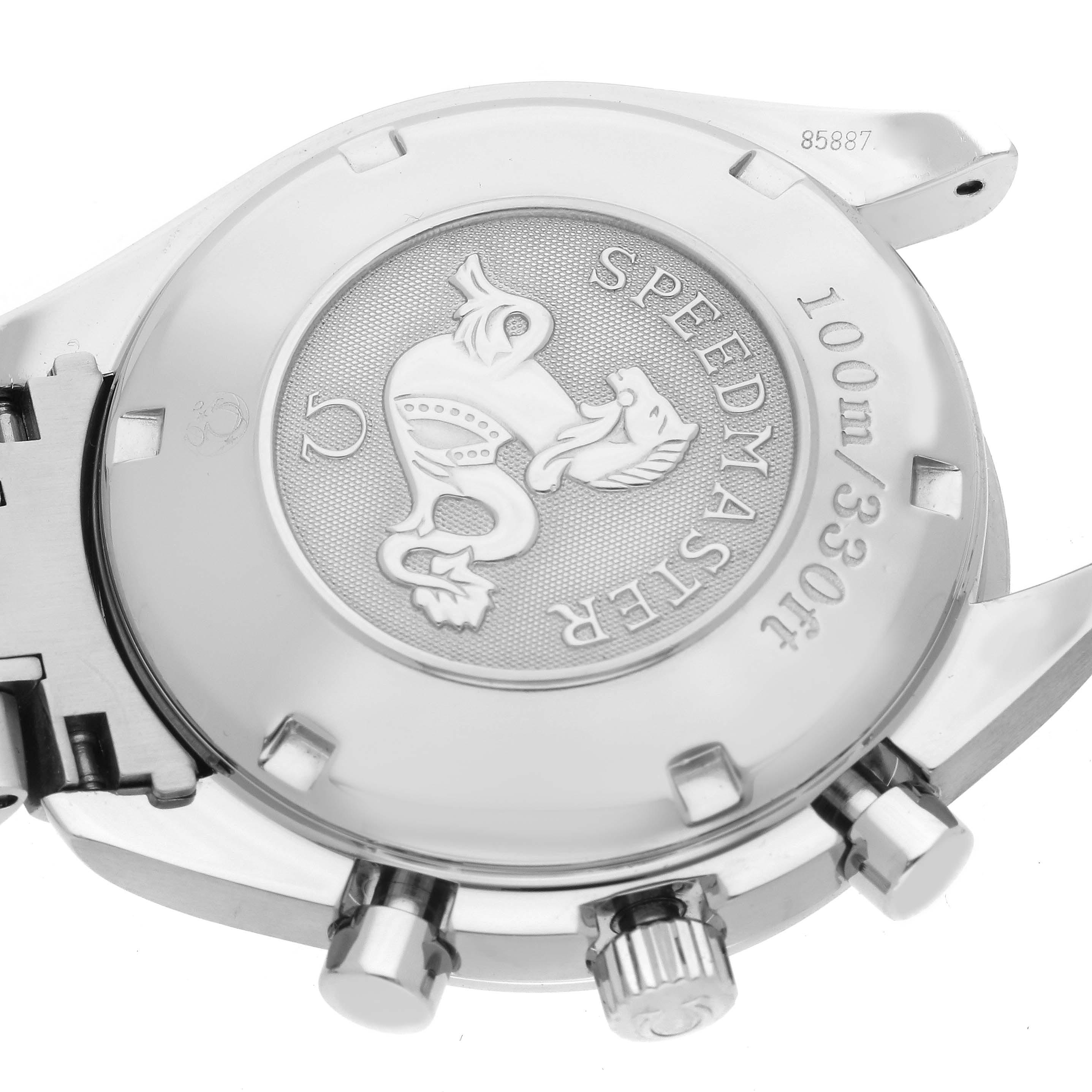 The image shows the back case of an Omega Speedmaster 3221.30.00 Men's Stainless Steel Silver Dial 3221.30.00 Men's Stainless Steel Silver Dial, angled to display the engraved emblem and water resistance details.