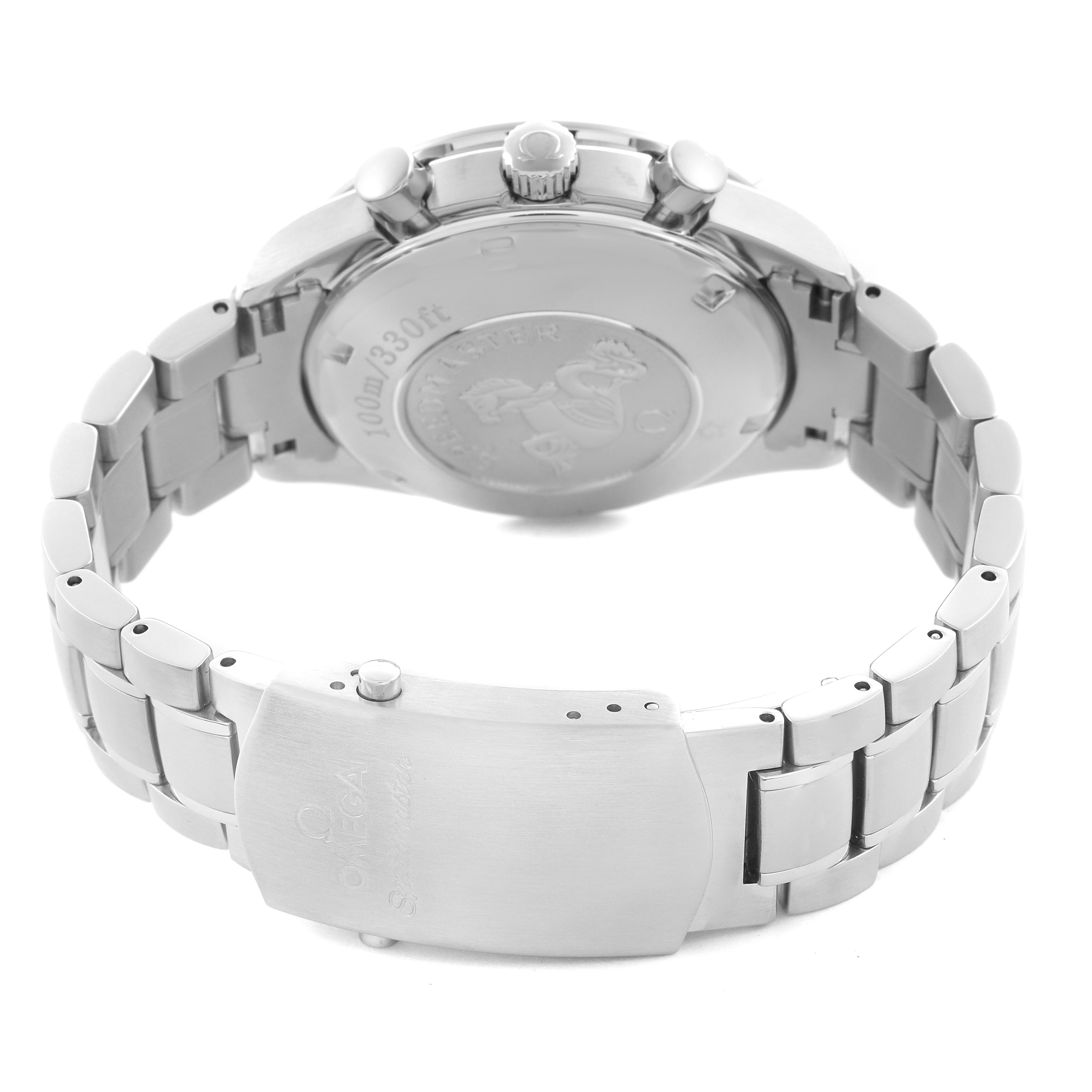 The image shows the back and bracelet of an Omega Speedmaster 3221.30.00 Men's Stainless Steel Silver Dial 3221.30.00 Men's Stainless Steel Silver Dial, highlighting the clasp and case back.