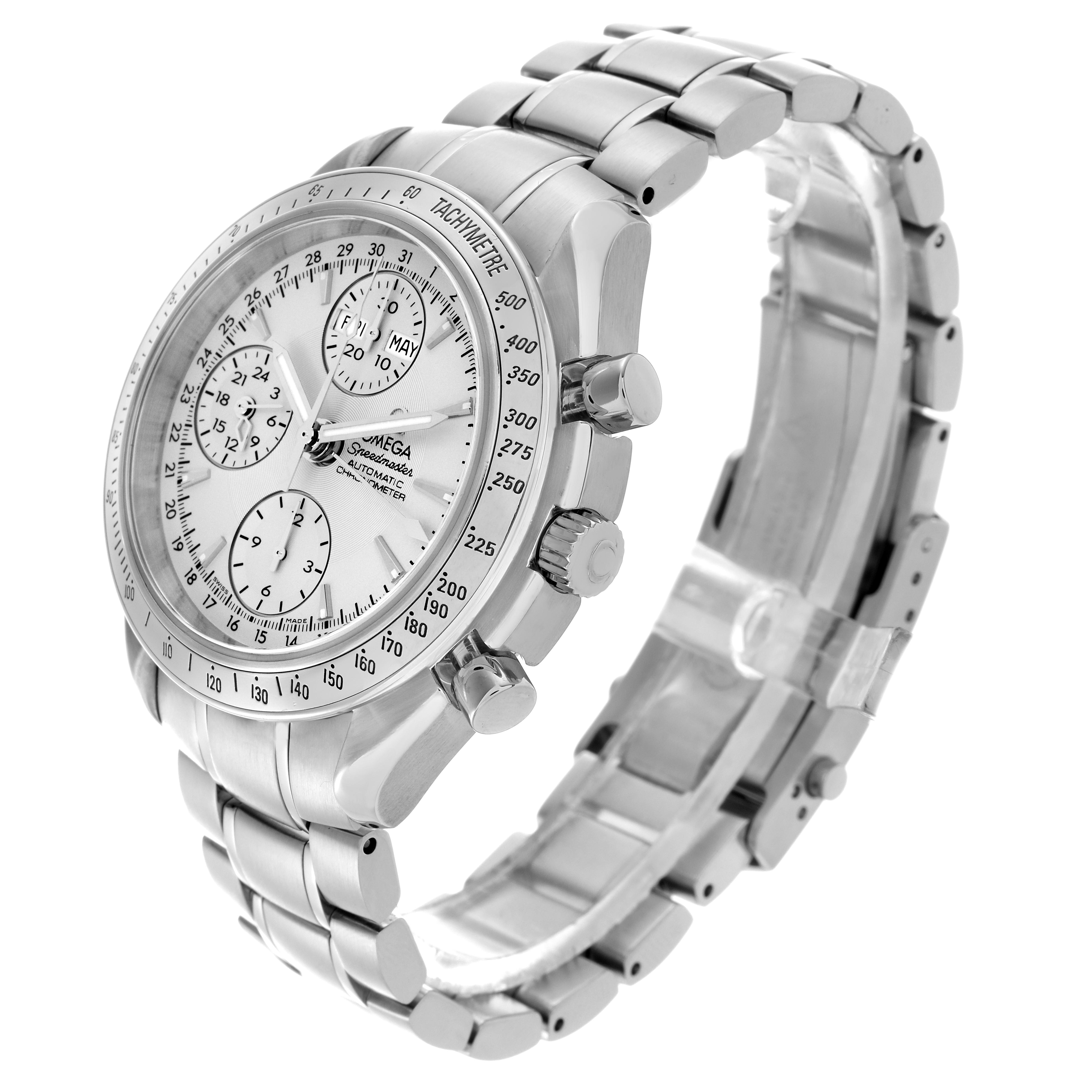 The Omega Speedmaster 3221.30.00 Men's Stainless Steel Silver Dial 3221.30.00 Men's Stainless Steel Silver Dial watch is shown at a slight angle from above, highlighting the face, bezel, crown, and bracelet.