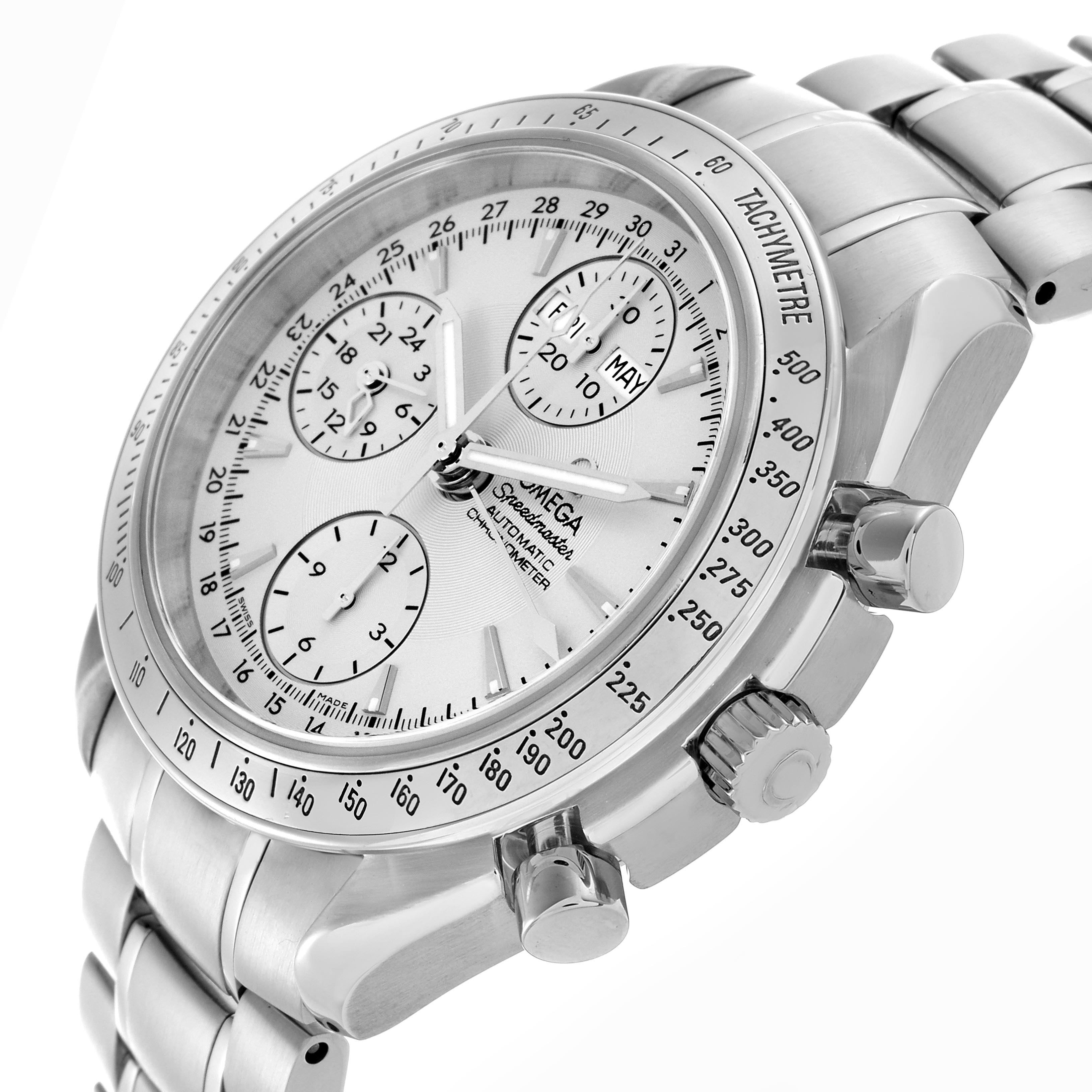 The Omega Speedmaster 3221.30.00 Men's Stainless Steel Silver Dial 3221.30.00 Men's Stainless Steel Silver Dial is shown at a slight angle, highlighting the face, tachymeter bezel, crown, and chronograph pushers.