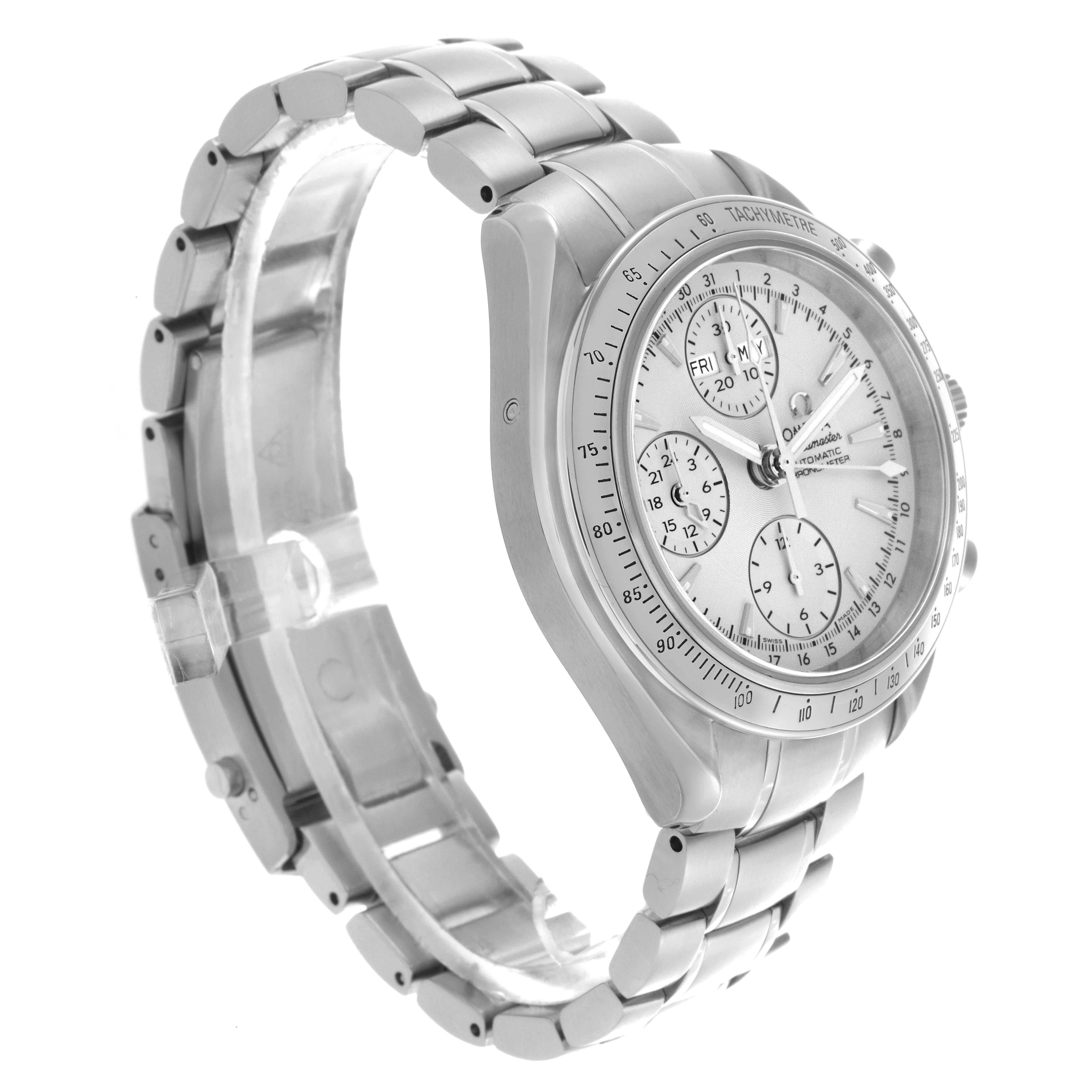 The Omega Speedmaster 3221.30.00 Men's Stainless Steel Silver Dial 3221.30.00 Men's Stainless Steel Silver Dial watch is shown at an angled side view, highlighting the face, bracelet, and chronograph dials.