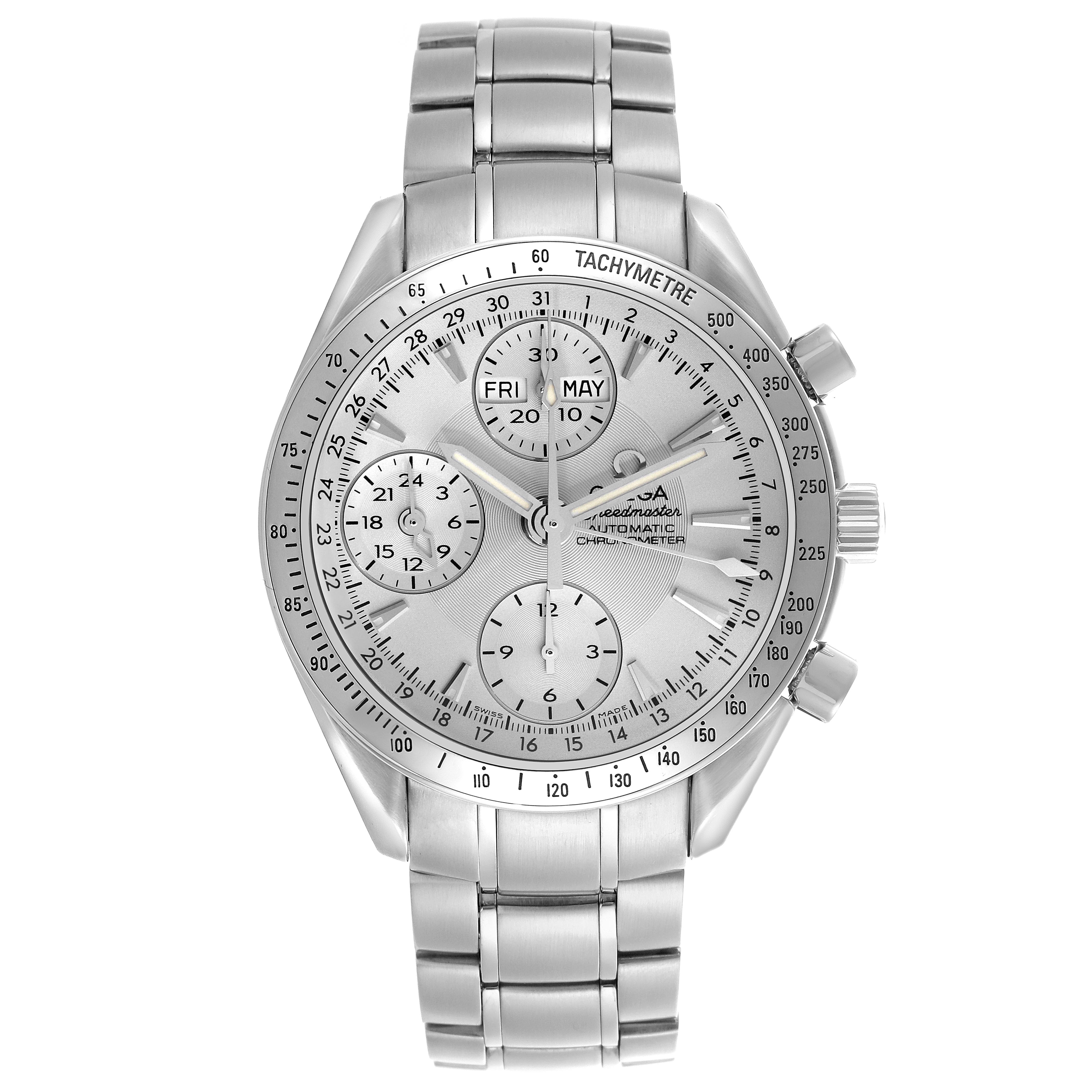 The Omega Speedmaster 3221.30.00 Men's Stainless Steel Silver Dial 3221.30.00 Men's Stainless Steel Silver Dial watch is shown from the front, displaying the face, hands, subdials, and stainless steel bracelet.