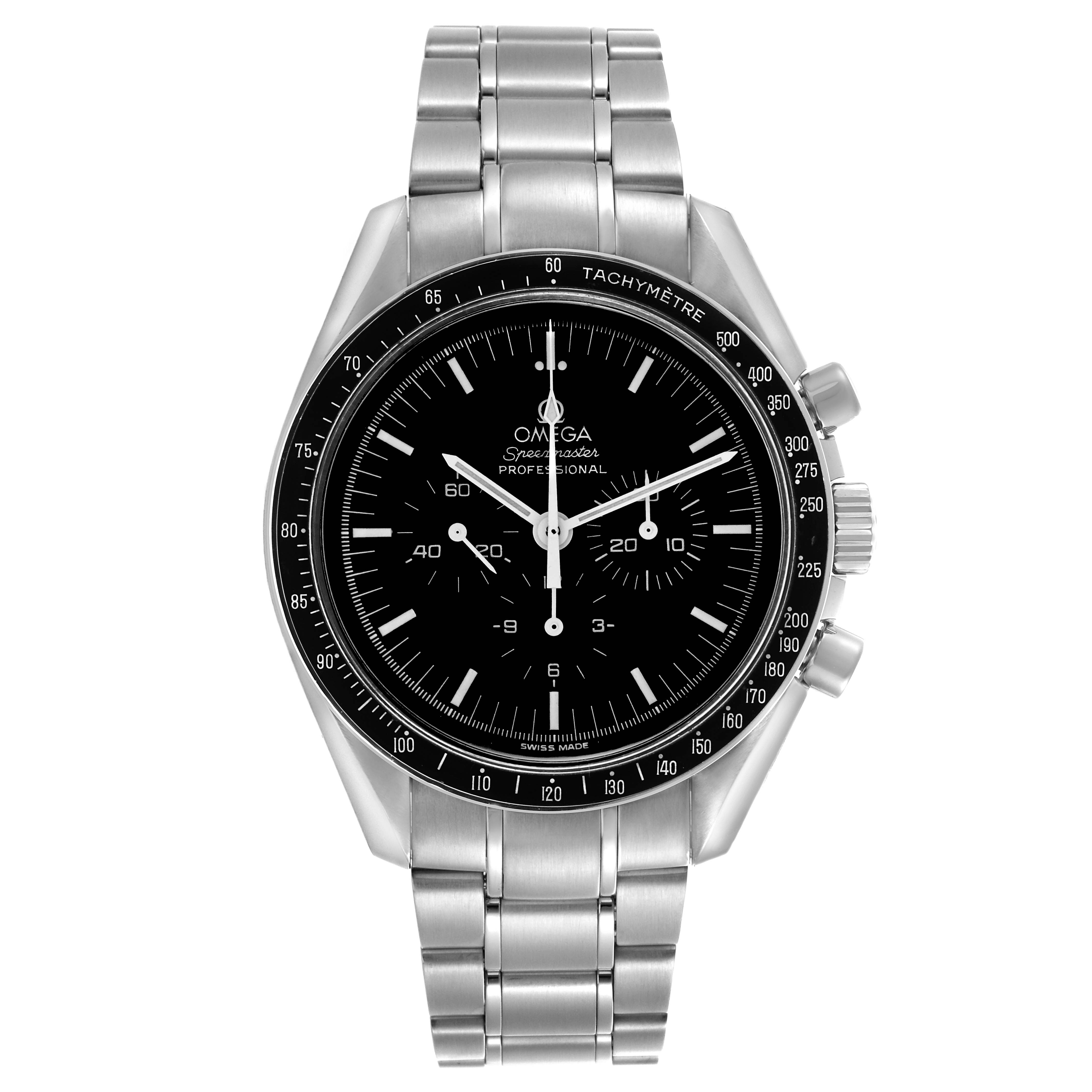 The Omega Speedmaster 3570.50.00 Men's Stainless Steel Black Dial 3570.50.00 Men's Stainless Steel Black Dial watch is shown from a front angle, displaying the dial, bezel, crown, pushers, and metal bracelet.