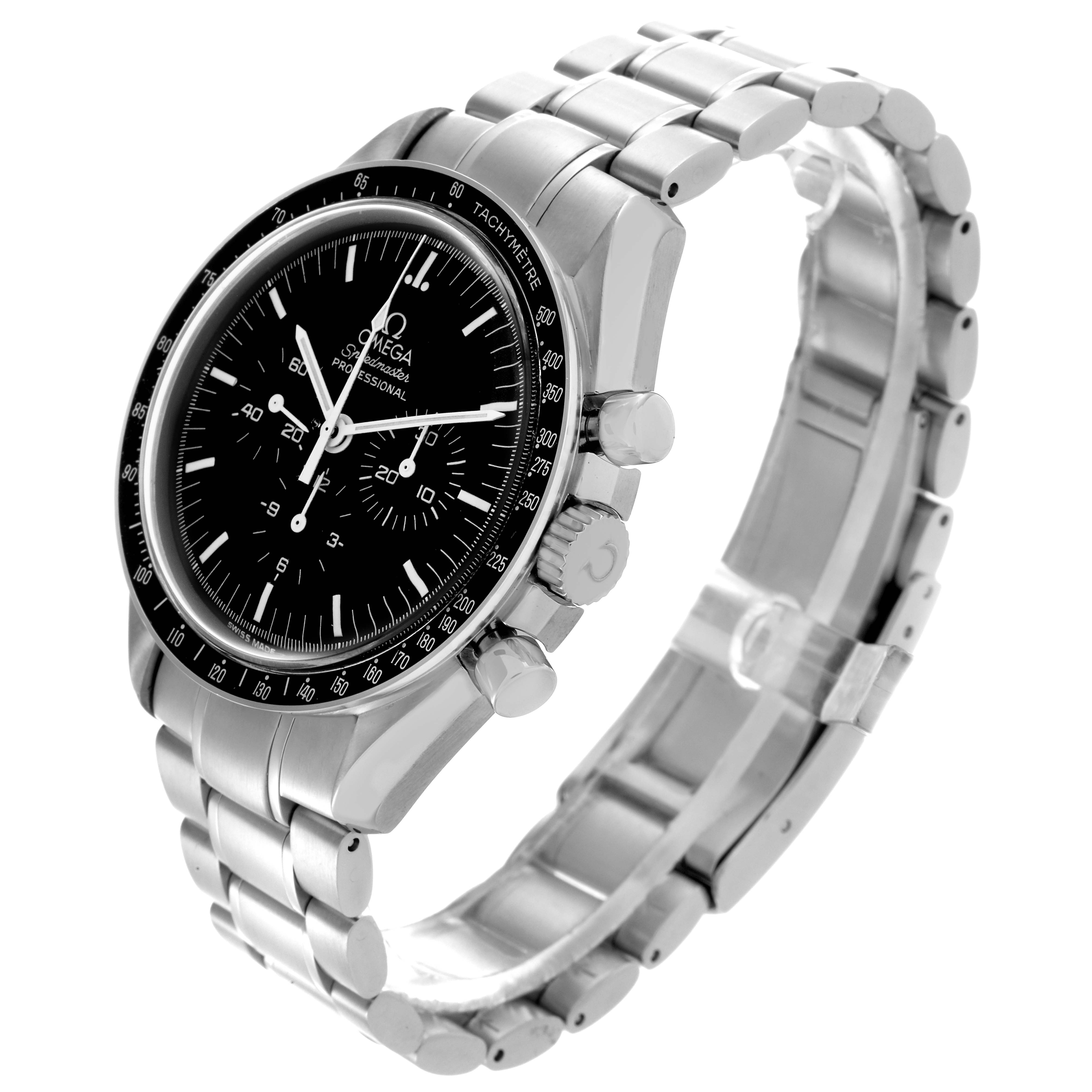 The Omega Speedmaster 3570.50.00 Men's Stainless Steel Black Dial 3570.50.00 Men's Stainless Steel Black Dial watch is shown at an oblique angle, highlighting the face, bezel, crown, and bracelet links.