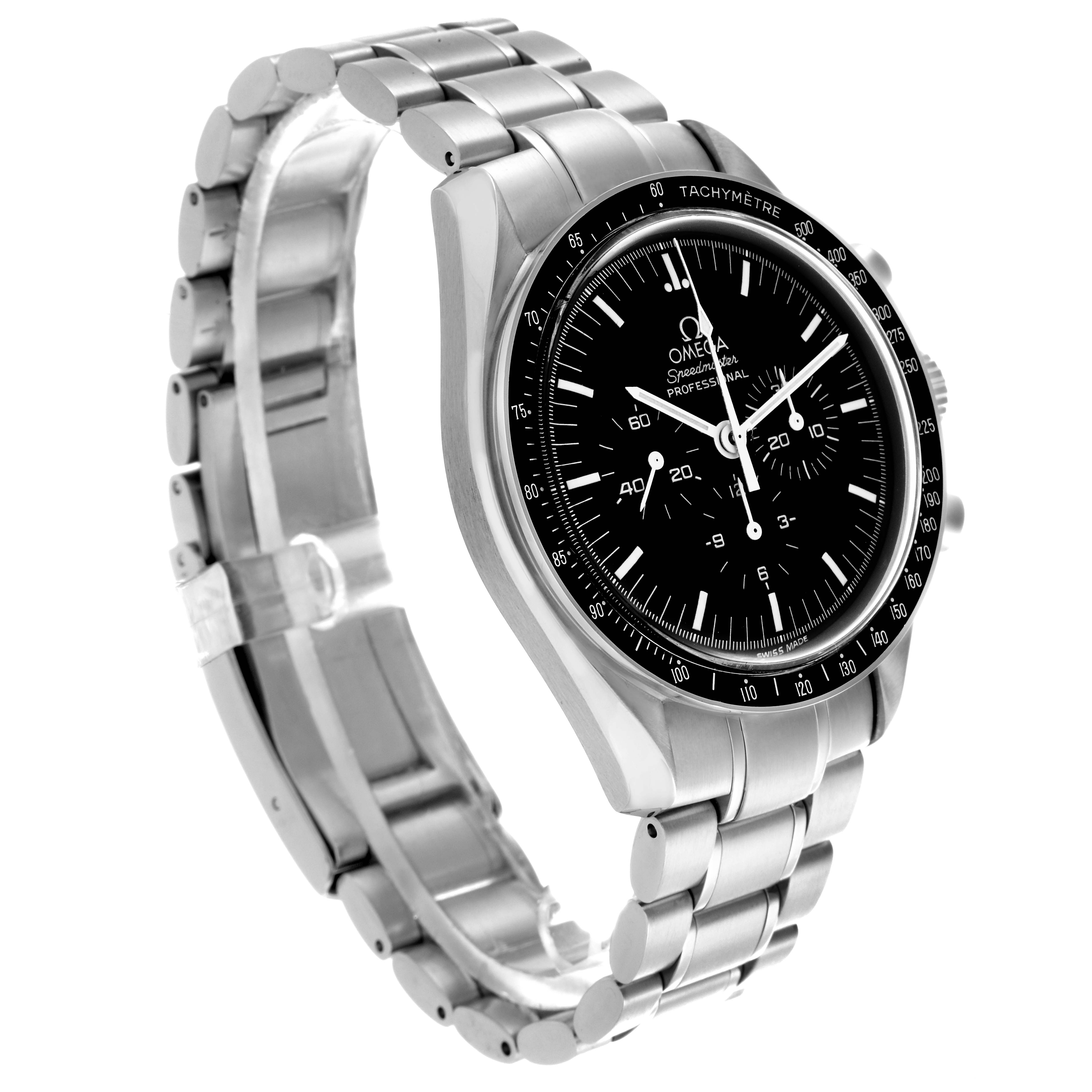 The image shows an Omega Speedmaster 3570.50.00 Men's Stainless Steel Black Dial 3570.50.00 Men's Stainless Steel Black Dial watch at a three-quarter angle, highlighting its black dial, bezel, and stainless steel bracelet.